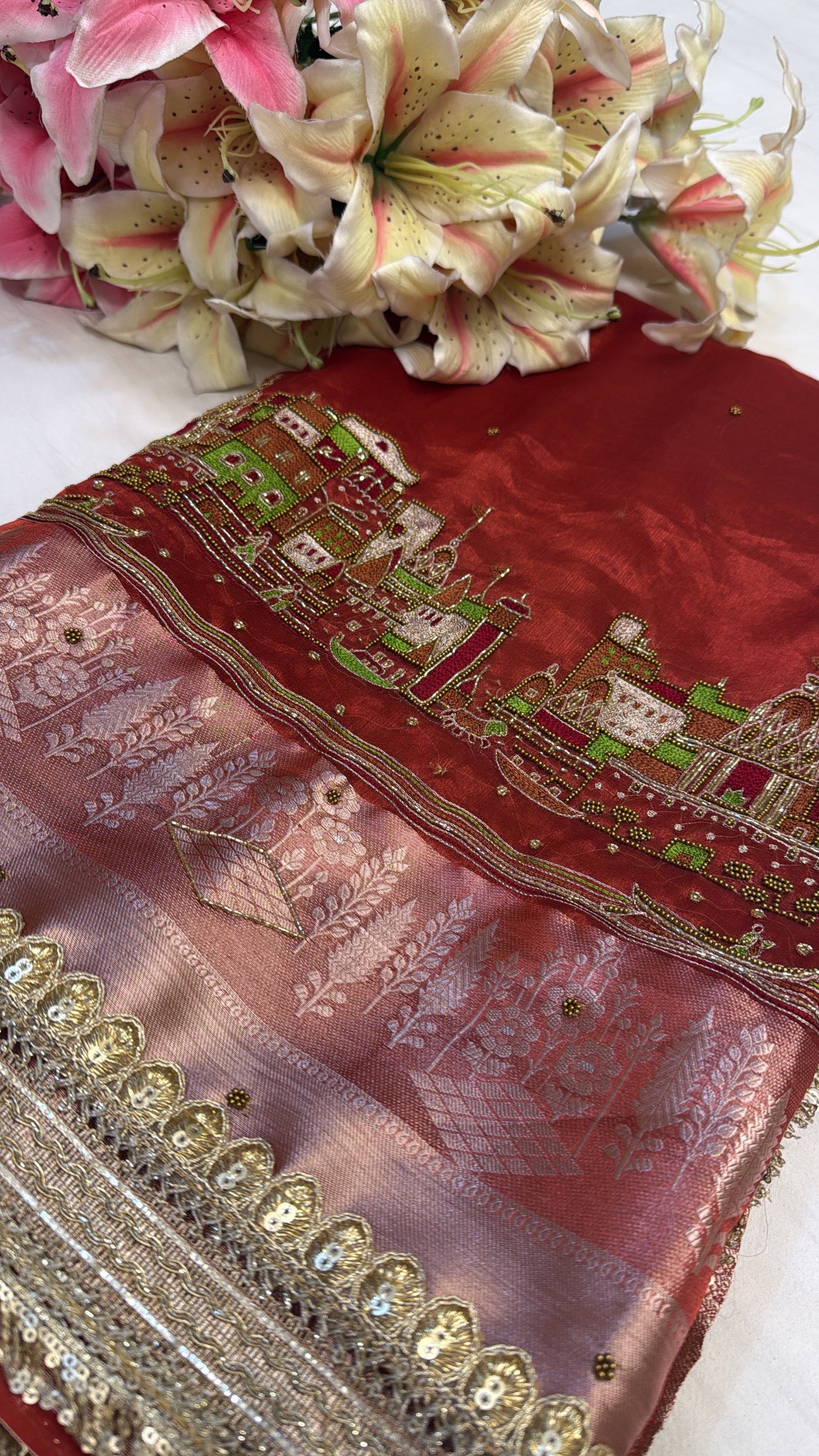 Bridal red banarasi ghat hand embroidered husn tissue silk saree