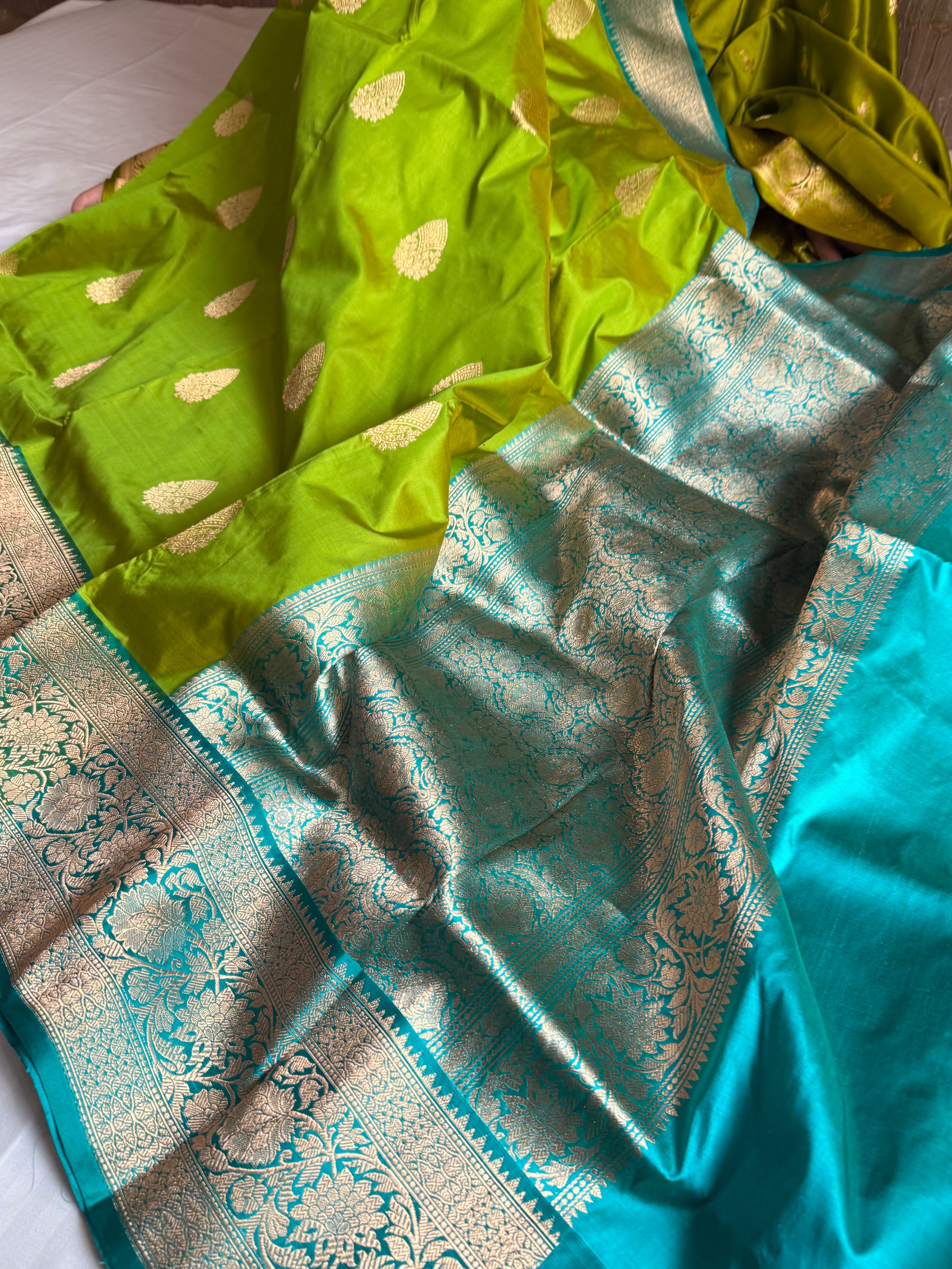 Grass green-firozi blue contrast combination katan silk kadhwa saree