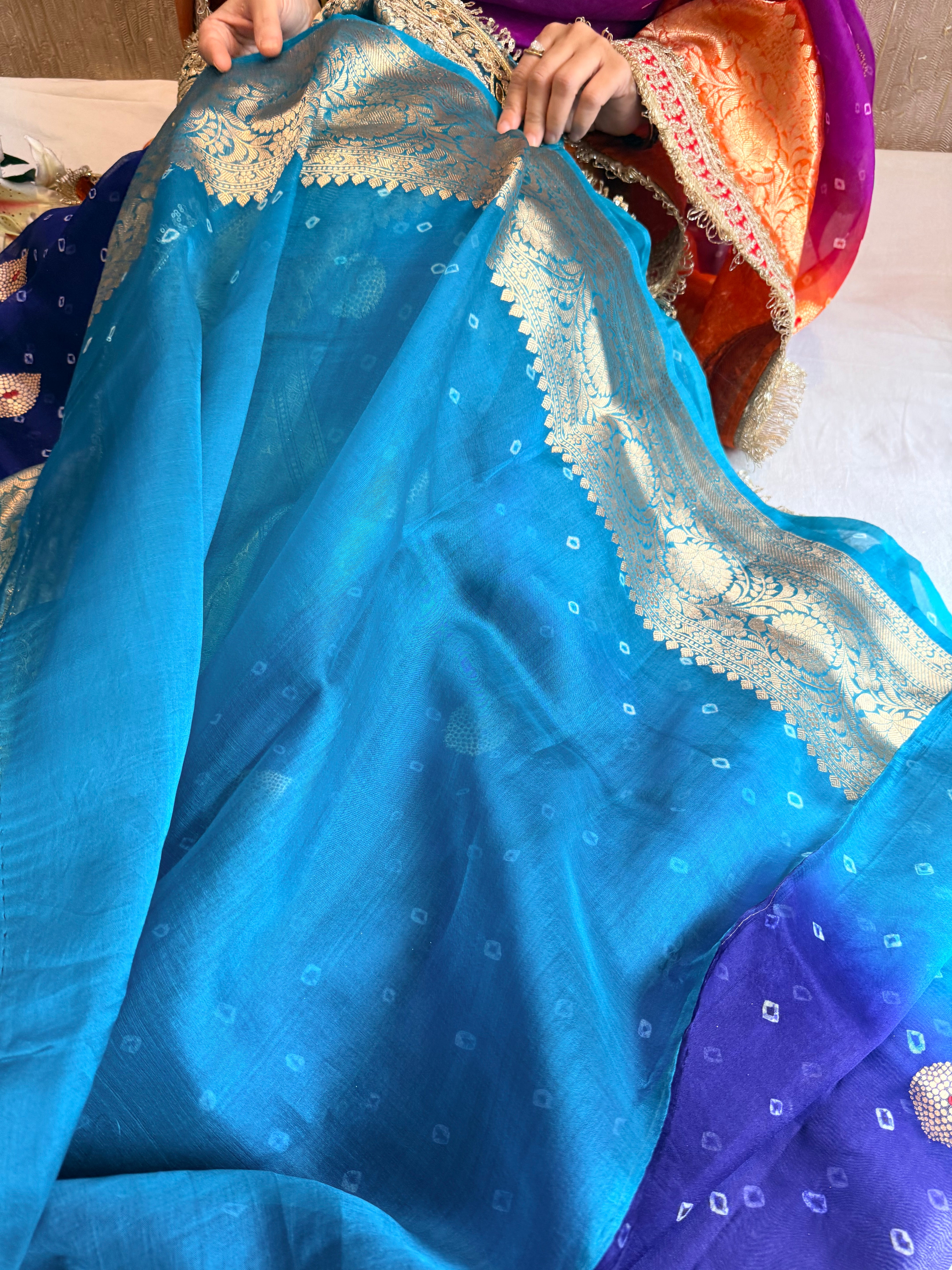Mayra wali saree - Kora silk bandhej work meenakari gotapatti saree