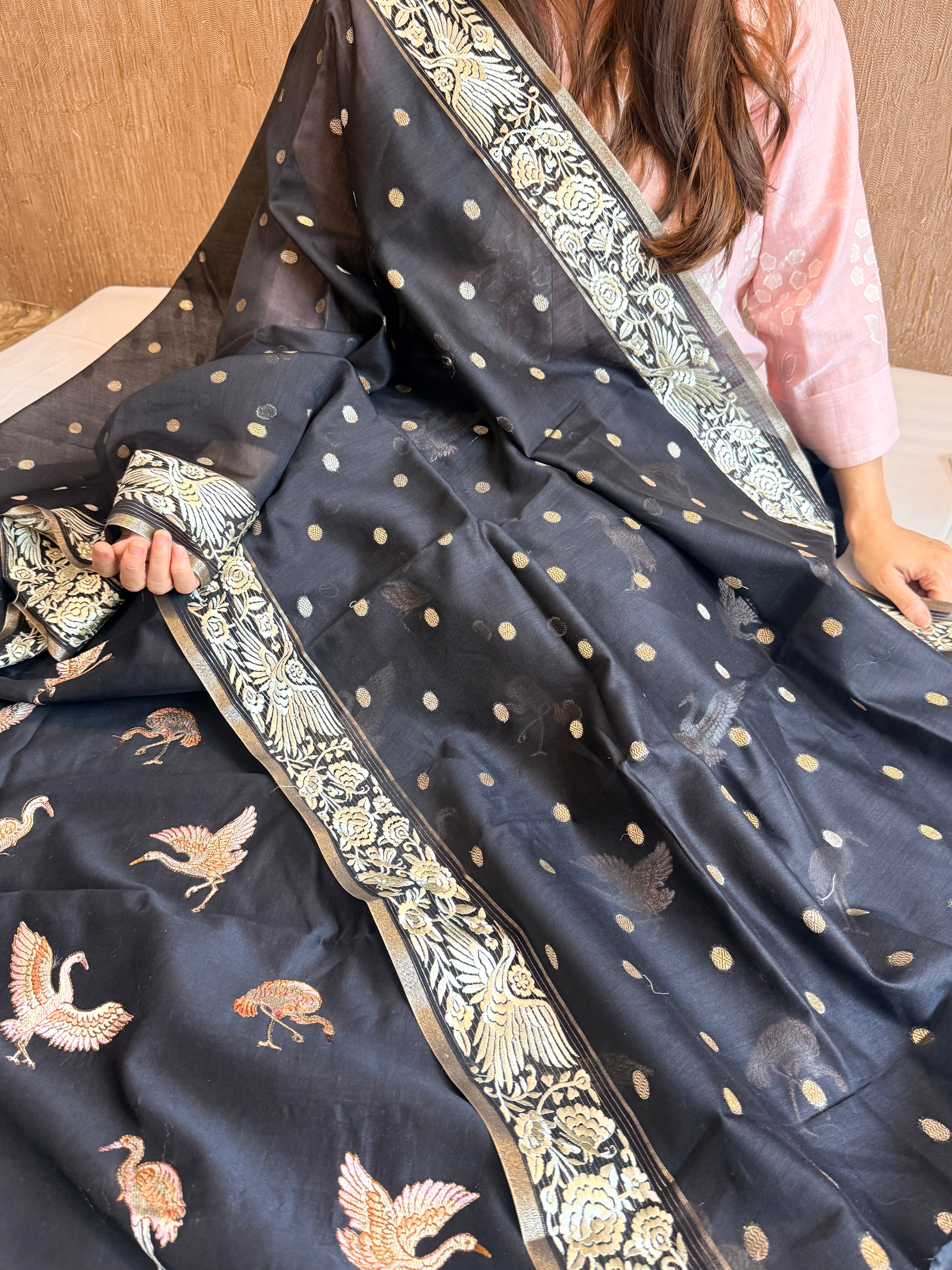 Mul chanderi cotton silk flamingo motif parsigara hand embroidery suit set