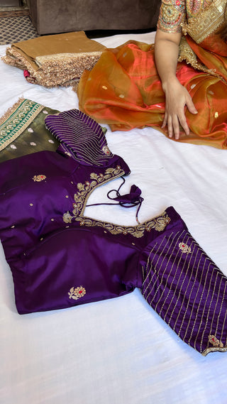 Sitara purple katan silk hand embroidered blouse piece                 SIZE - 36 to 38