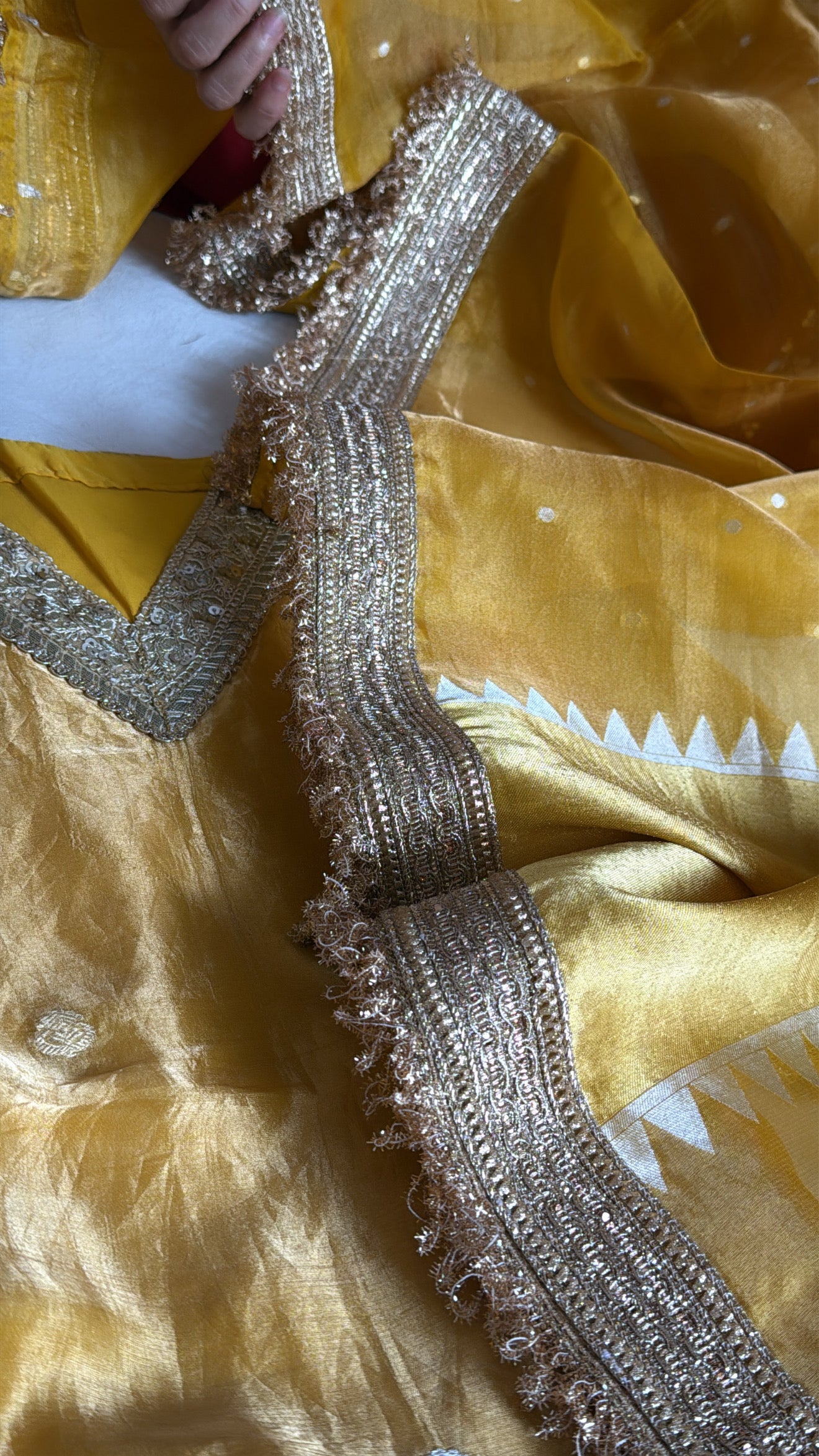 Haldi yellow tissue silk hand embroidered heeramandi semi stitched suit set