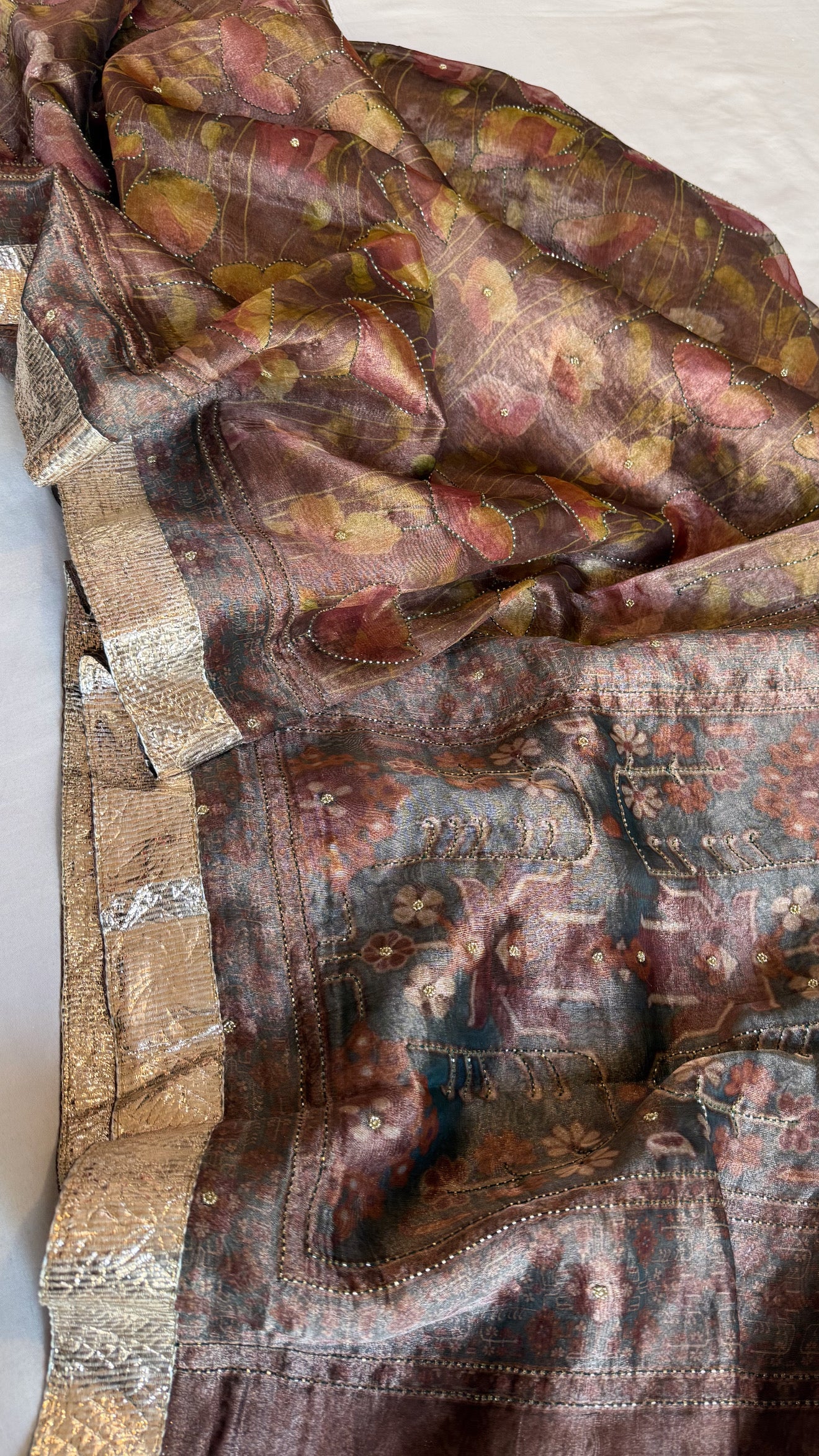 Printed tissue silk hand embroidered gotapatti kadhwa sarees