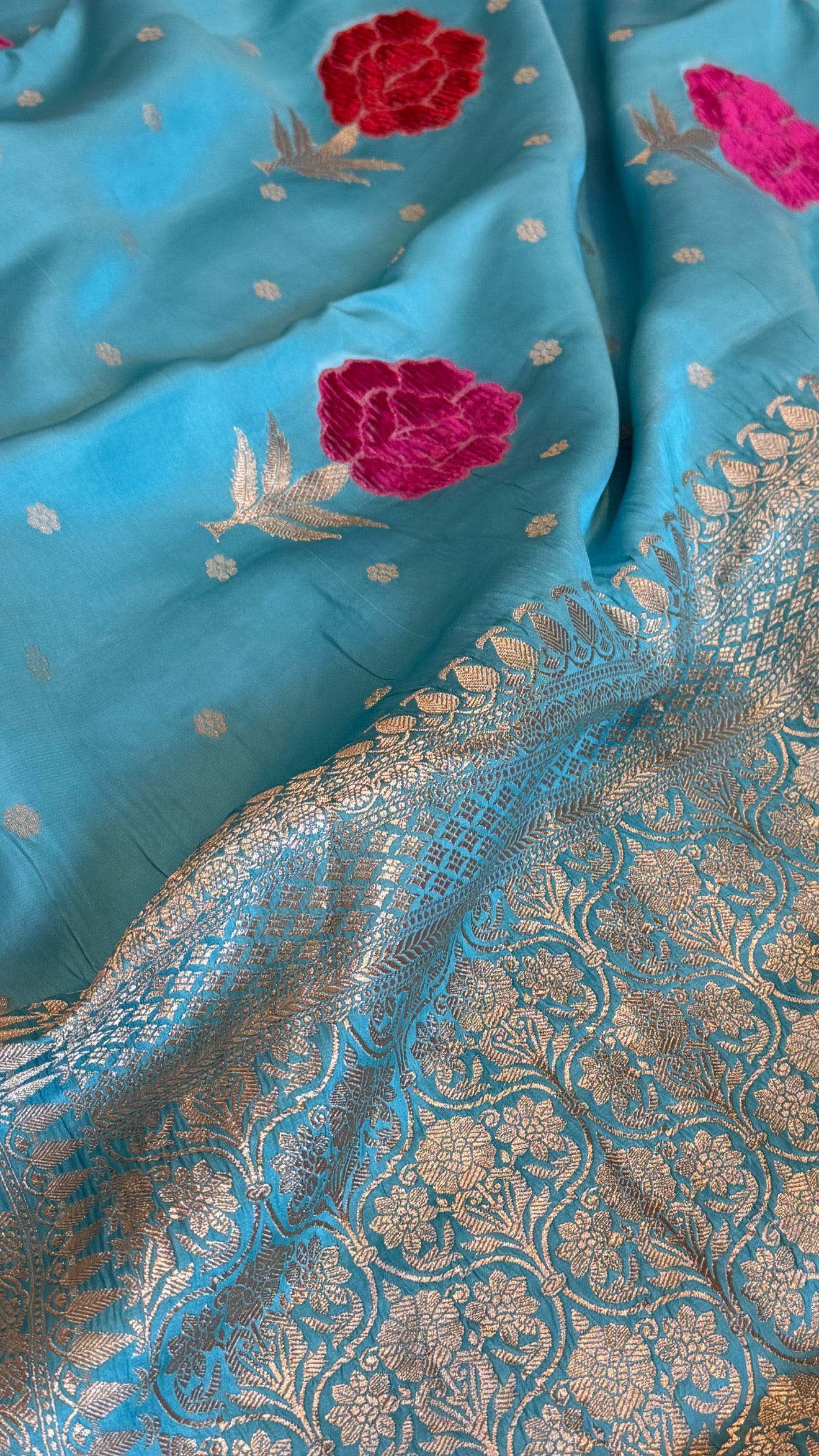 Ice blue banarasi mashru silk velvet buti kadhwa weaving saree