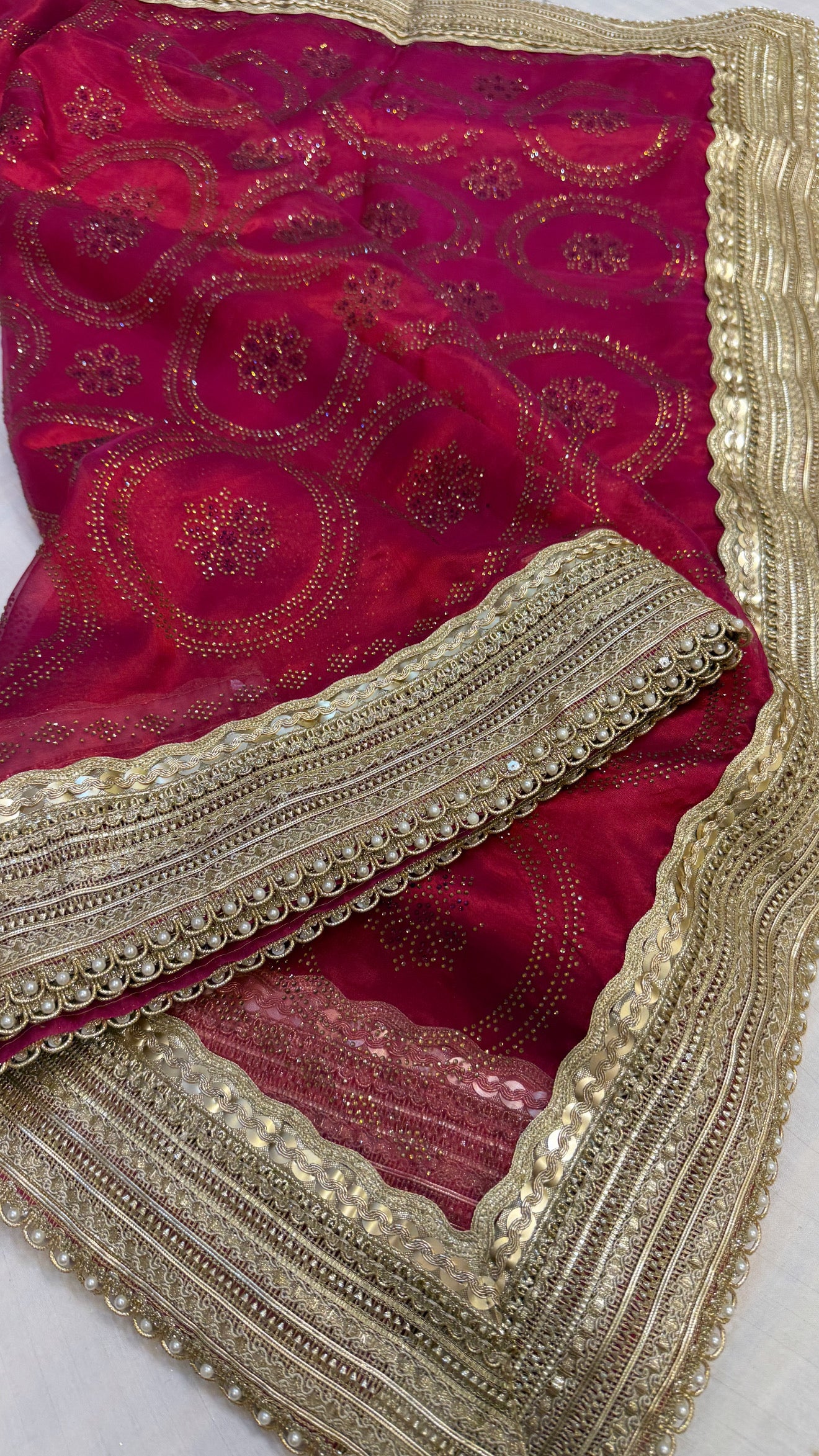Sitara stonework cranberry red tissue silk gotapatti saree