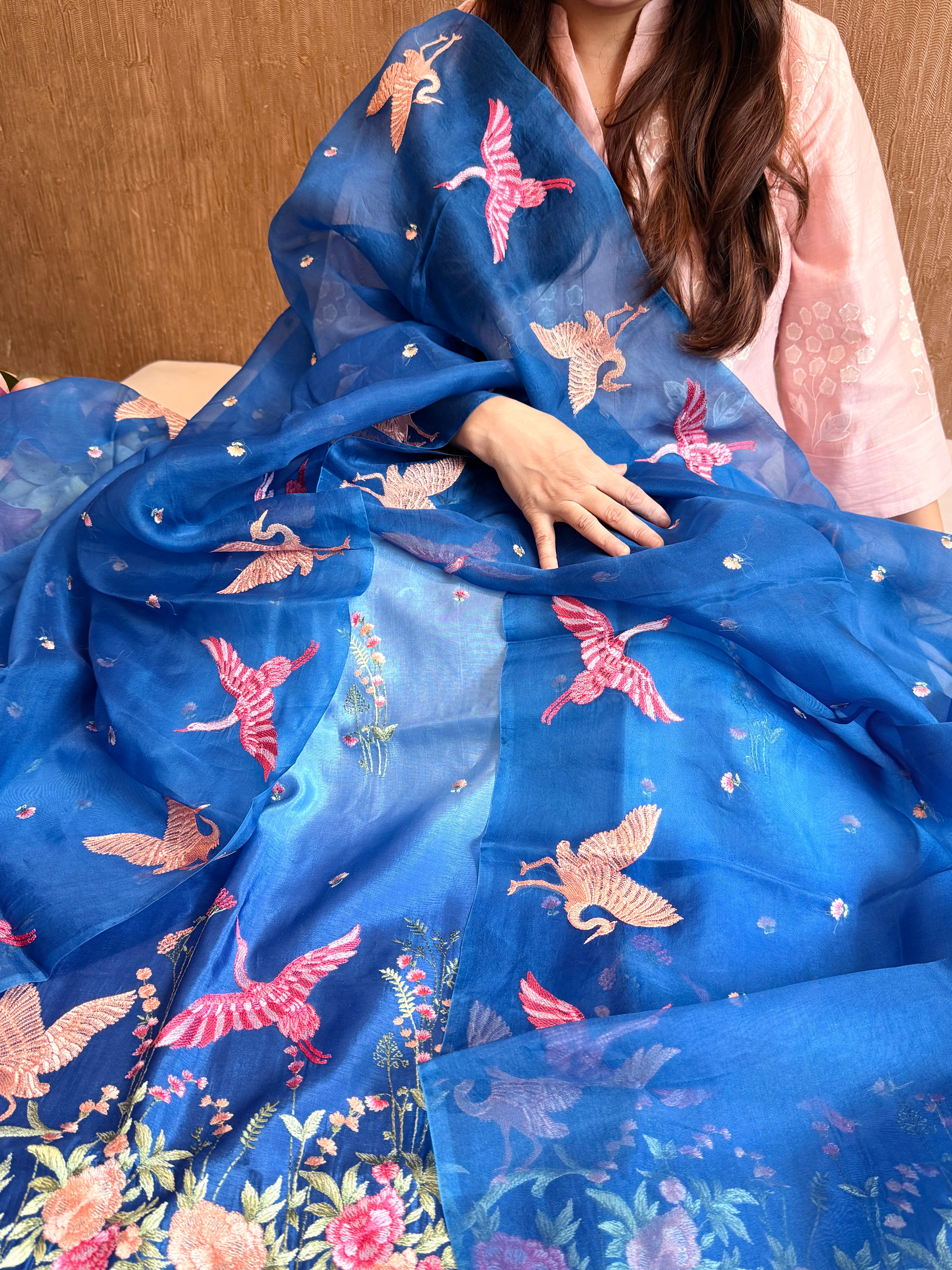 Mango silk flamingo motif hand embroidery suit set