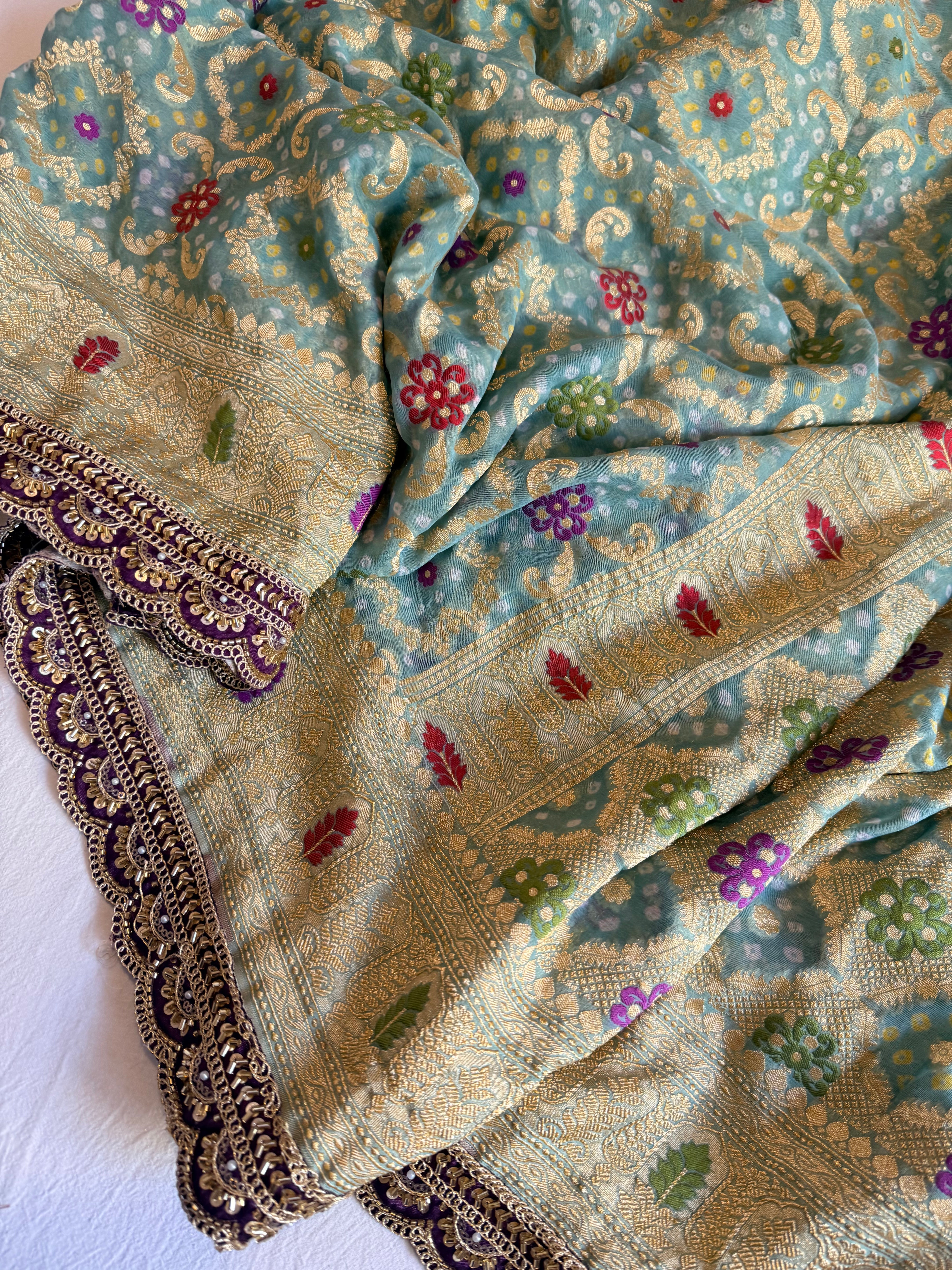 Banarasi blush shades of chiffon rai bandhej mirror work gotapatti saree