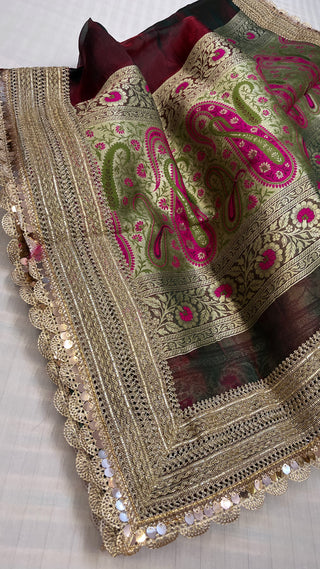 Maharani blood red-green dhup chao tissue silk jamevar meenakari saree