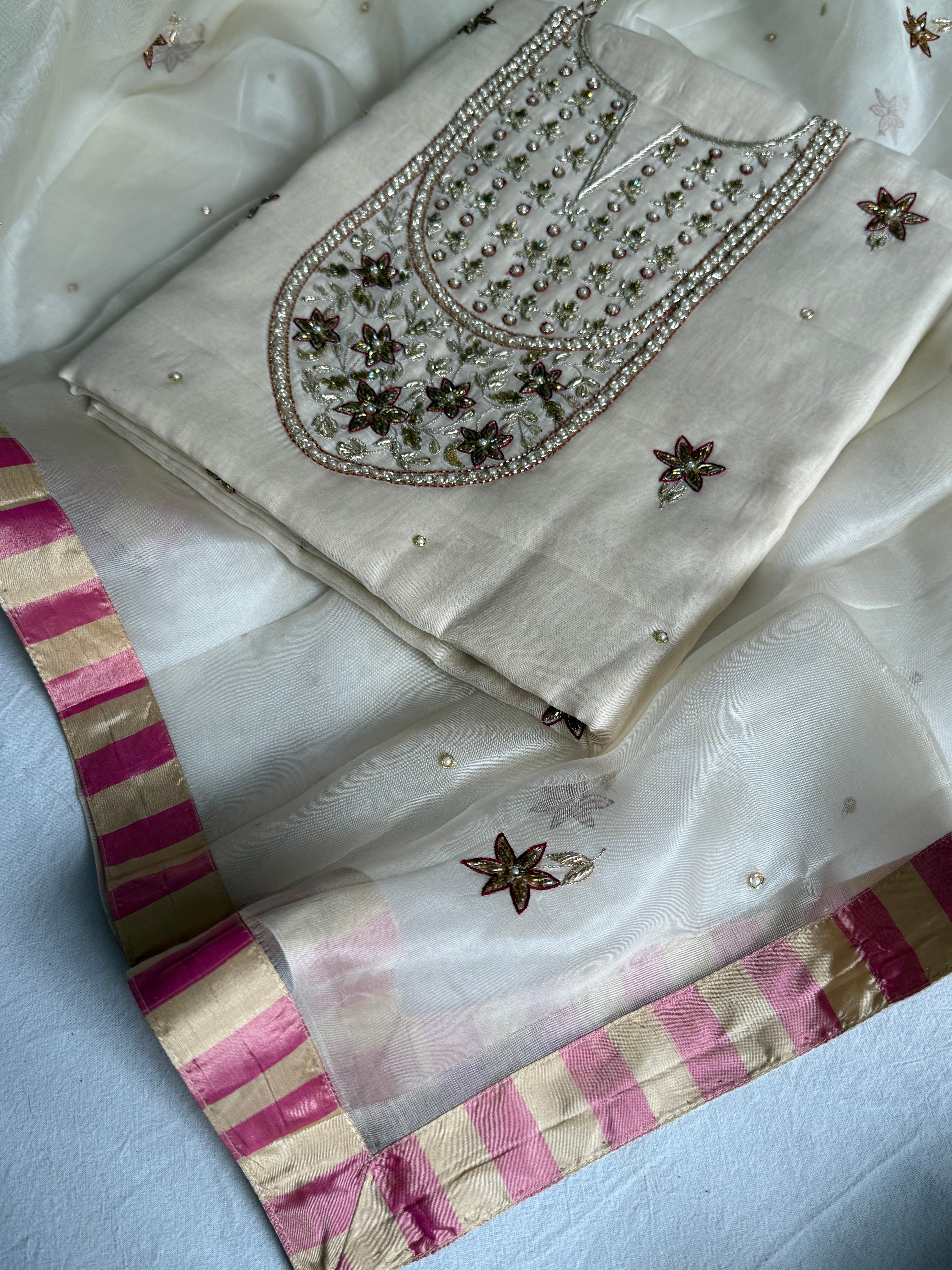 Banarasi formal wear mul cotton off white hand embroidered suit set banarasi border kora silk duppata