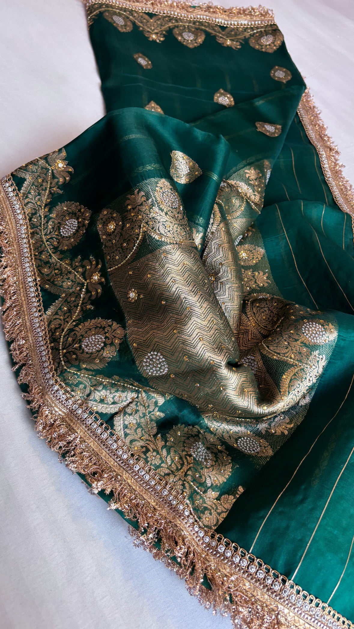 Sitara bottle green kora silk stonework saree