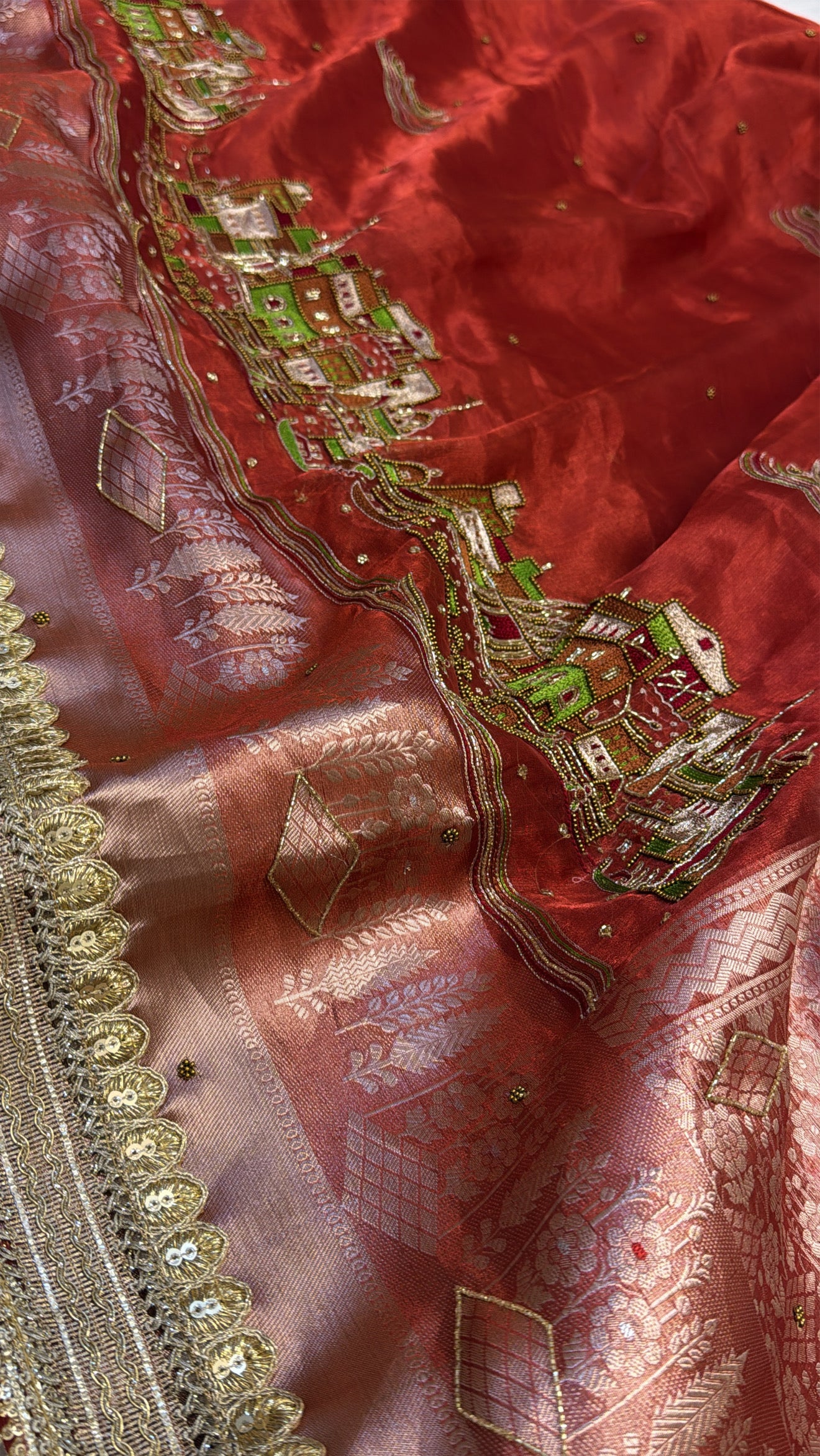 Bridal red banarasi ghat hand embroidered husn tissue silk saree