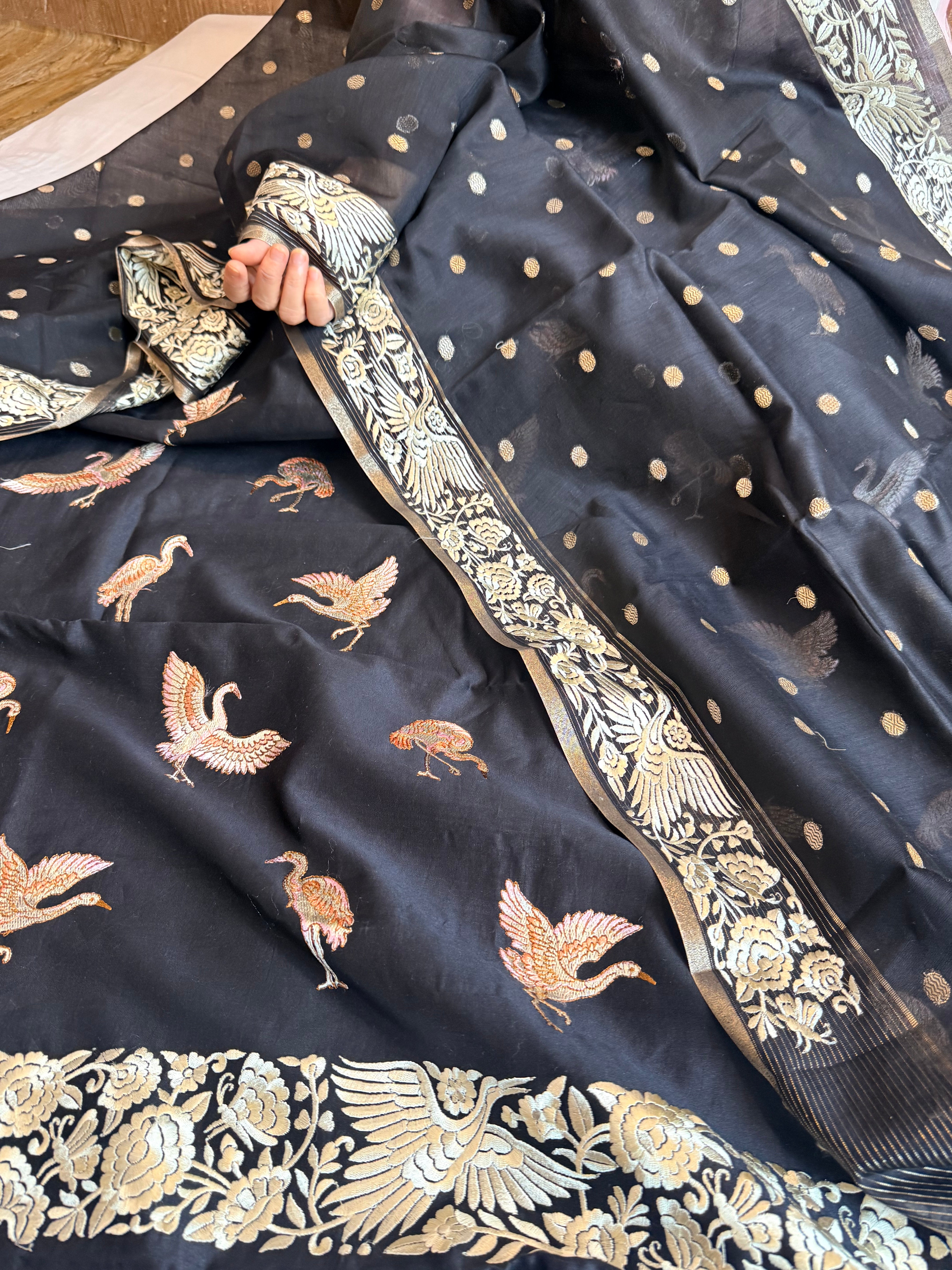 Mul chanderi cotton silk flamingo motif parsigara hand embroidery suit set
