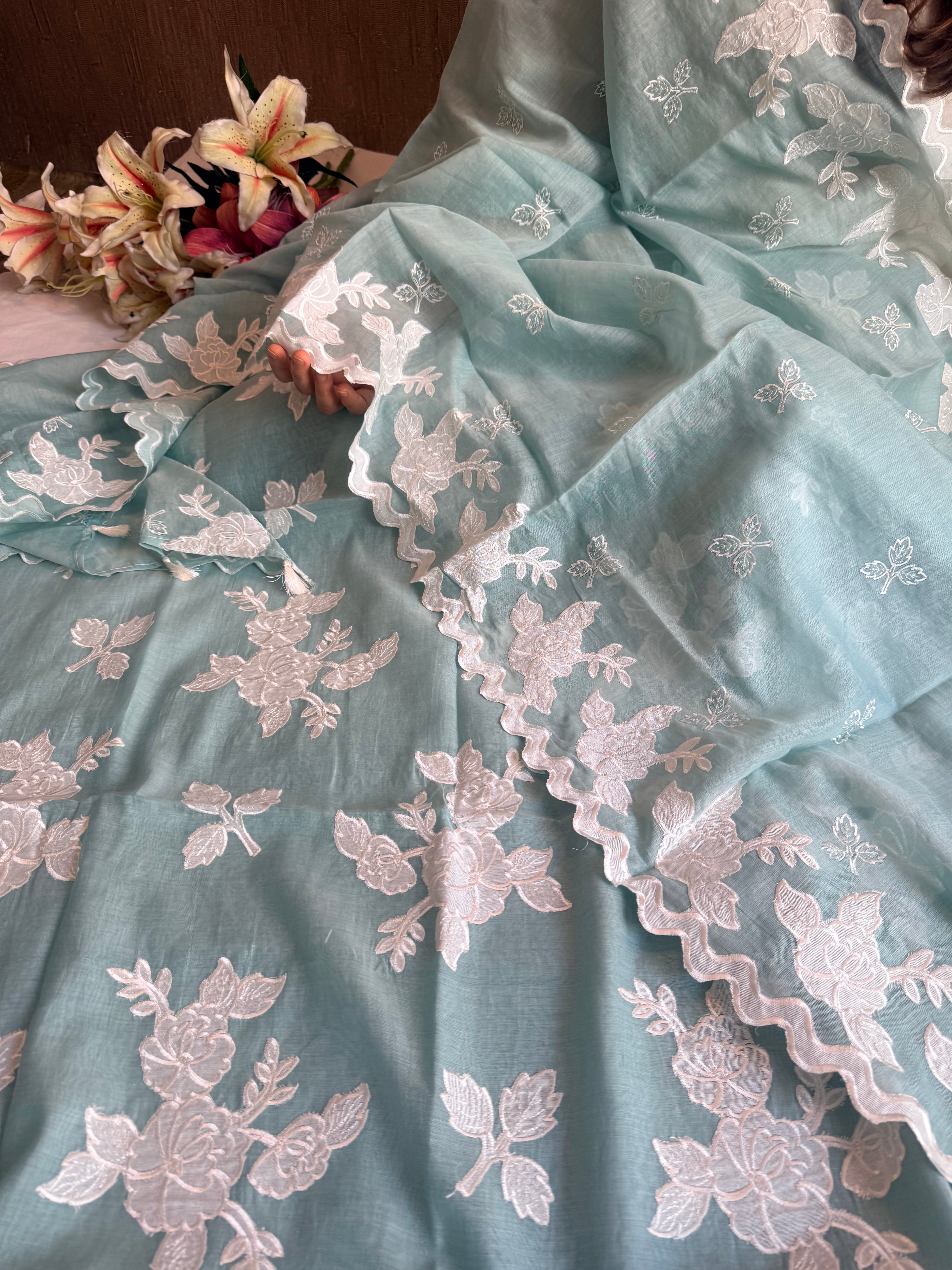 Alia bhatt inspired banarasi mulmul appliqué work suit set