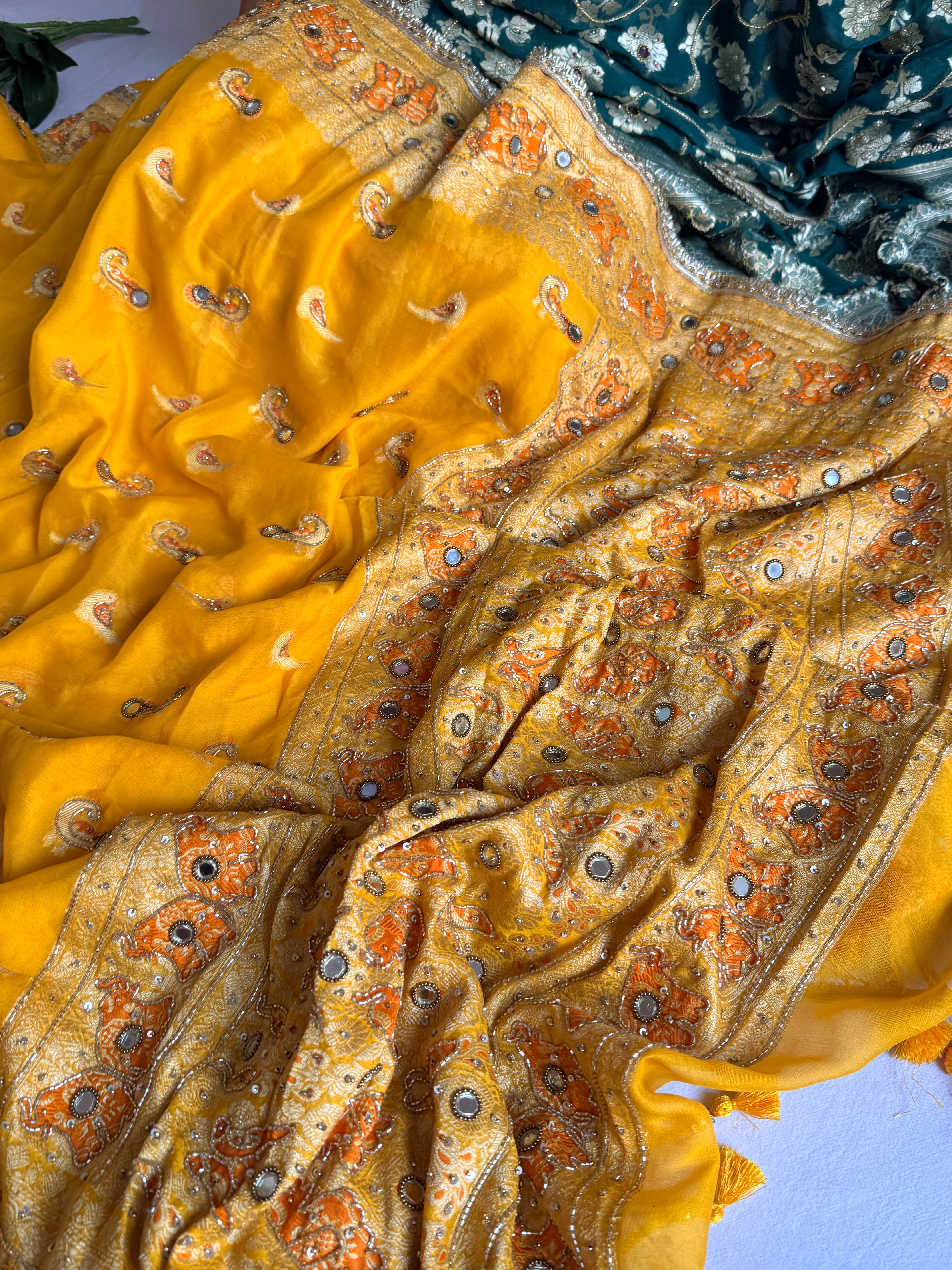 Banarasi chiffon gorgette kadhwa weaving hand embroidered saree