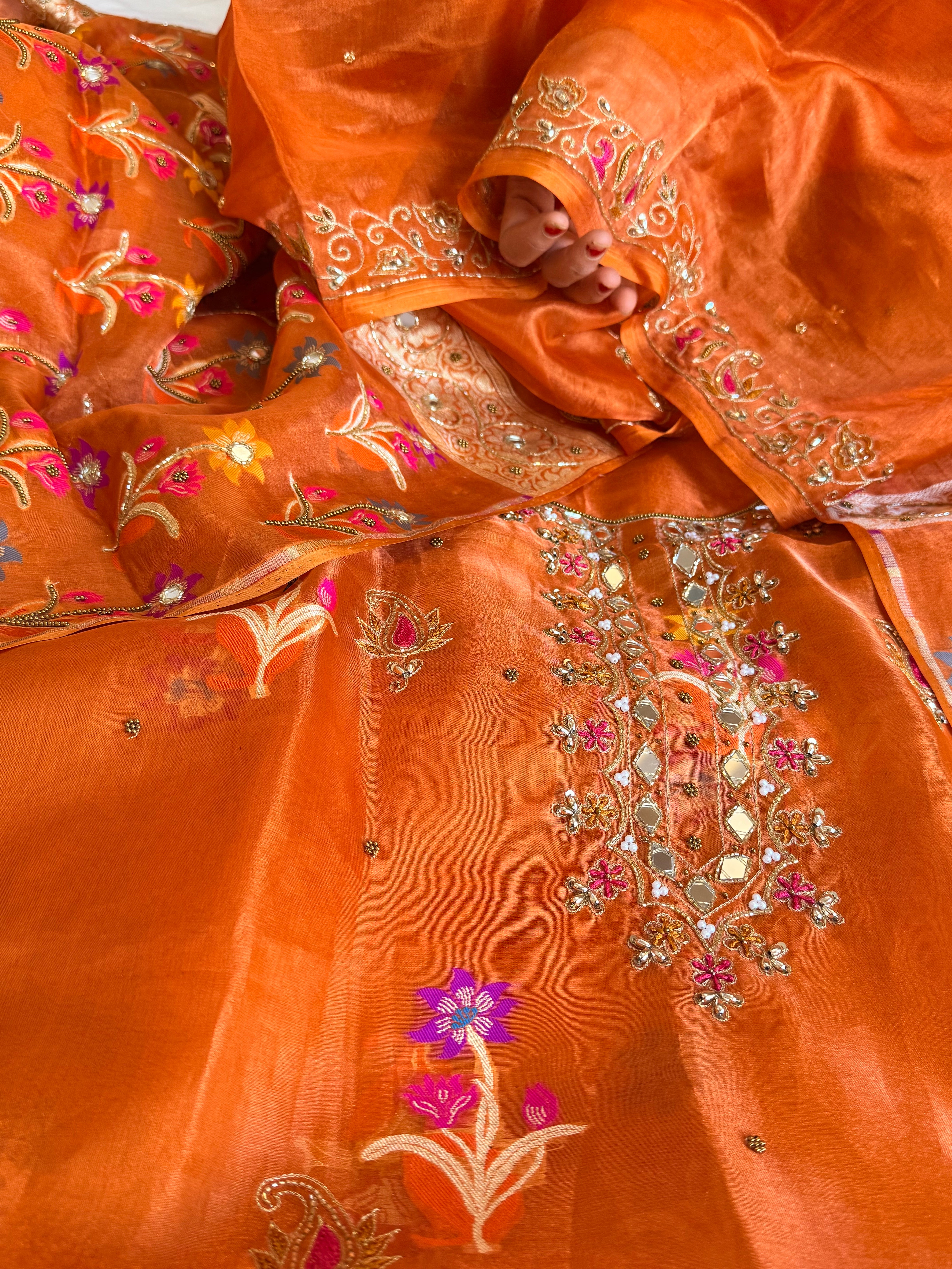Banarasi tissue silk fanta orange tissue silk meenakari hand embroidered suit set