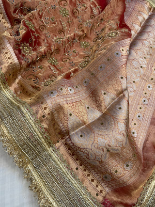 Cocktail edit sarees - Tangerine red tissue silk heavy hand embroidered saree