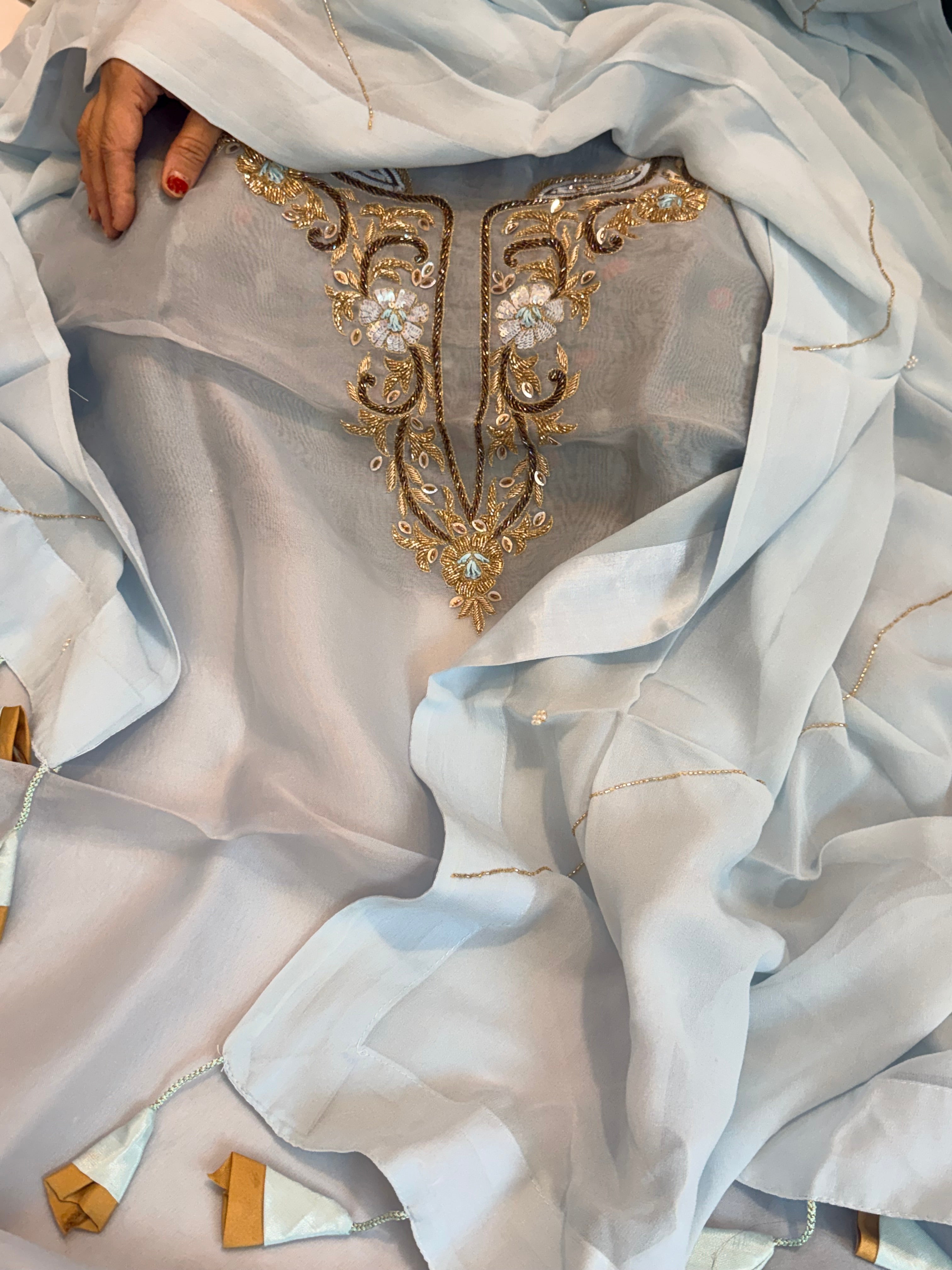Ice blue kora silk gotapatti hand embroidered suit set