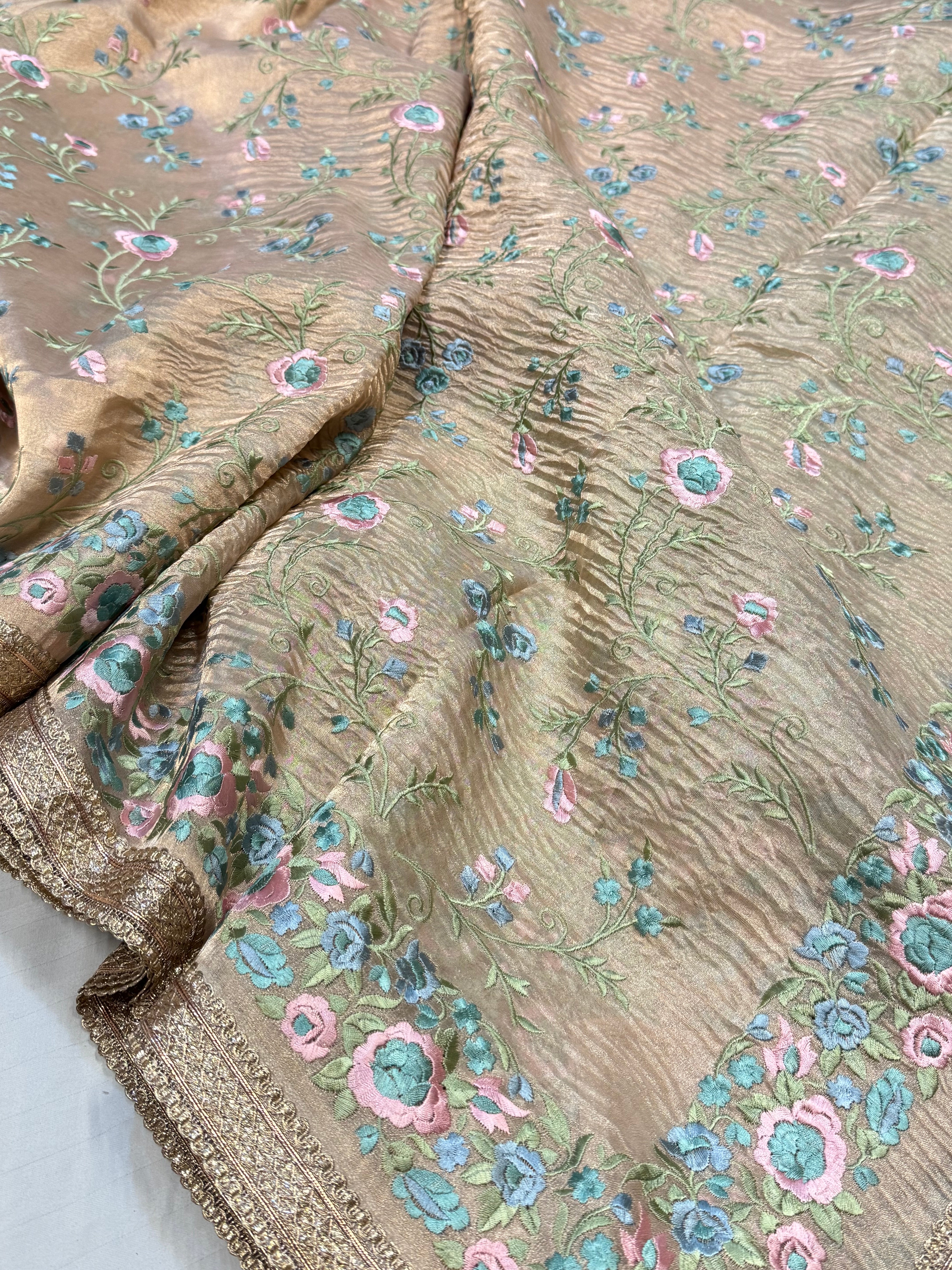 “Parsi gara” inspired tissue silk heavy resham work hand embroidered kadhwa saree