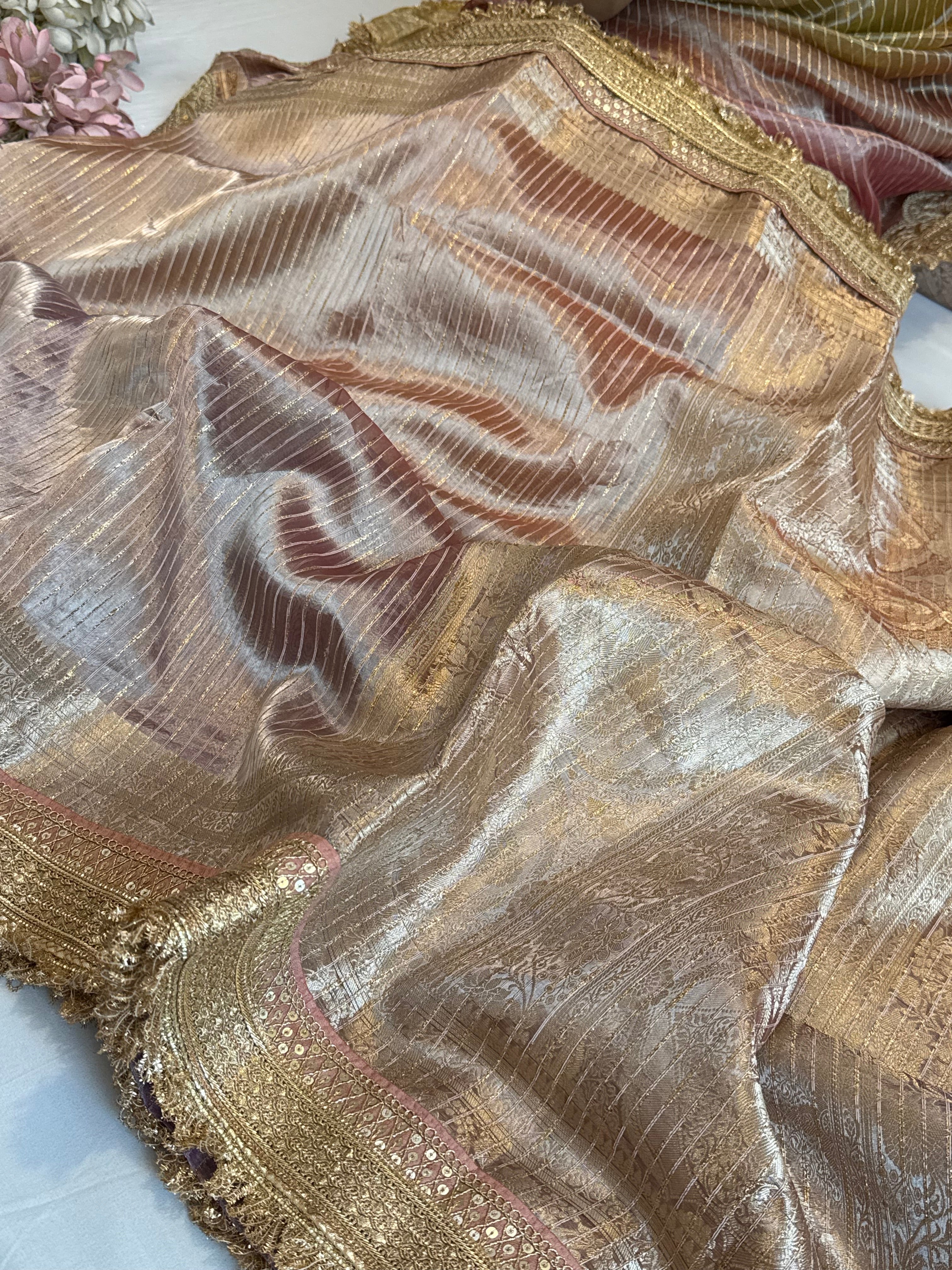 Maharani rang birangi tissue silk zari striped kadhwa saree