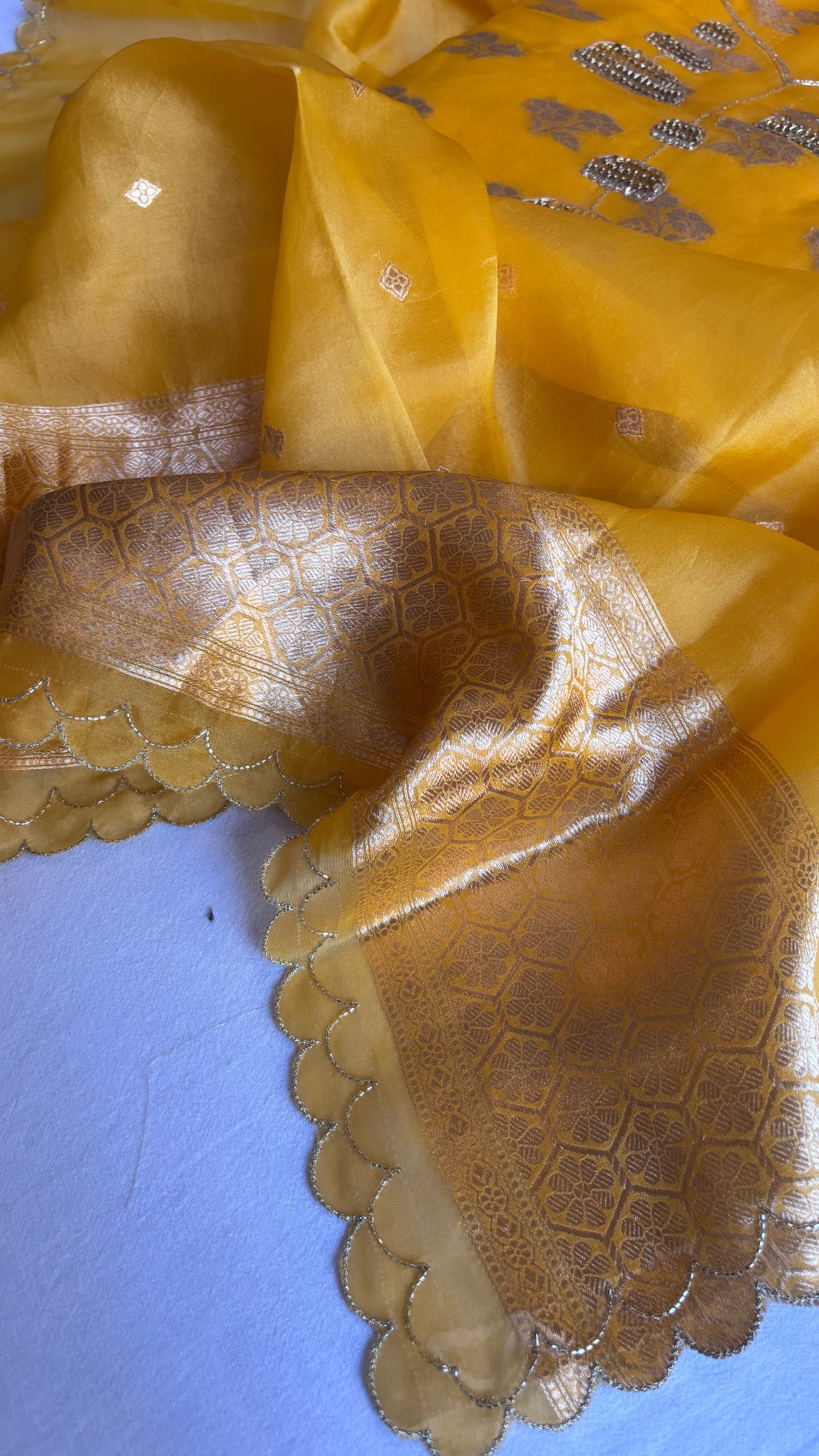 Banarasi “haldi ka din” kora silk hand embroidered kadhwa suit sets