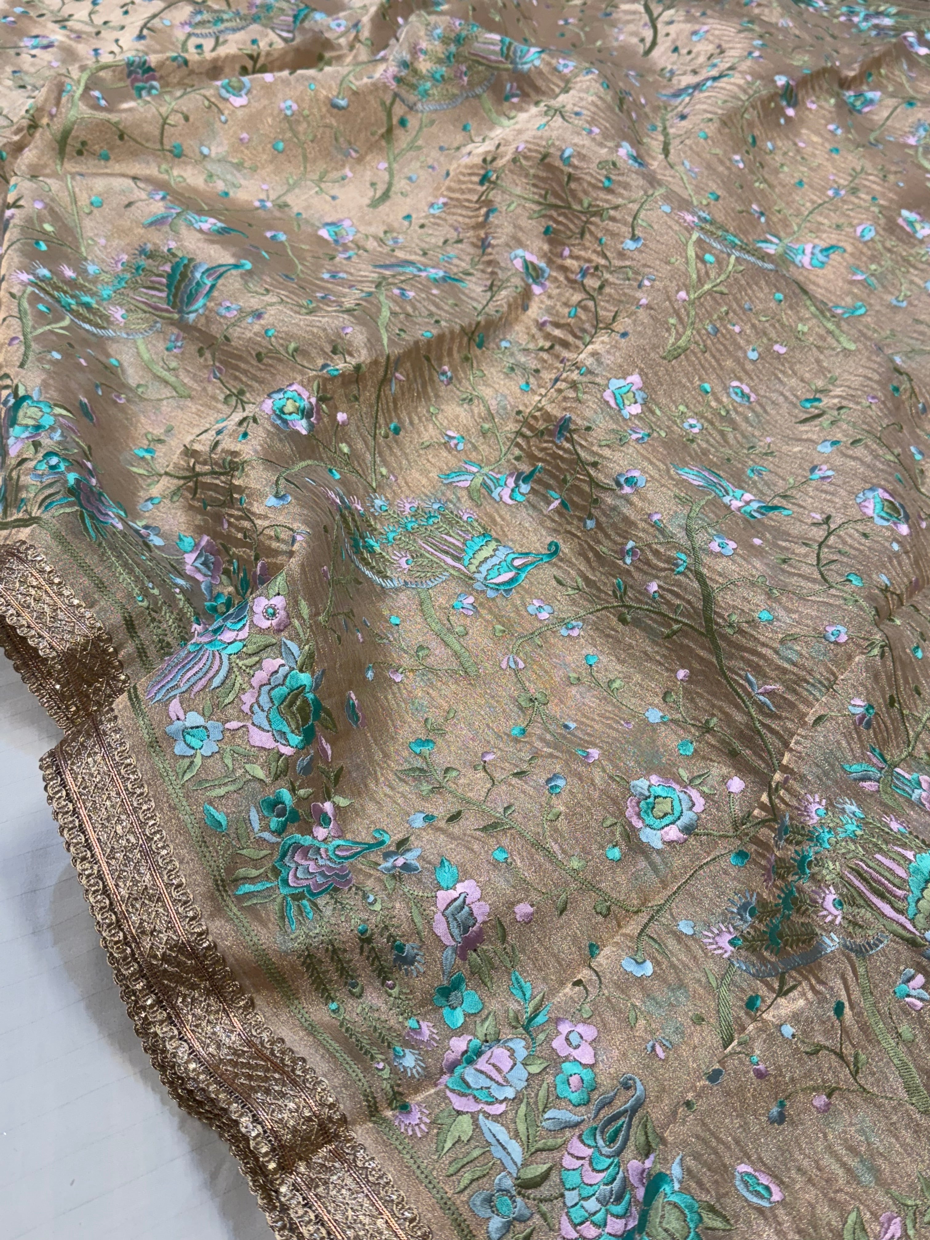 “Parsi gara” inspired tissue silk heavy resham work hand embroidered saree