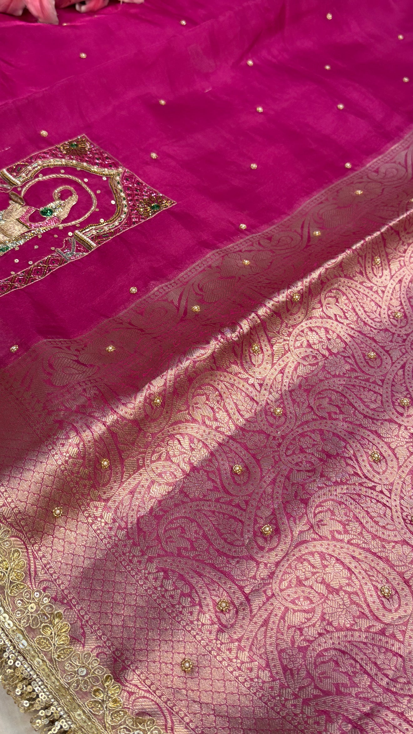 Karwachauth special - Hot metallic pink tissue silk hand embroidered kadhwa saree