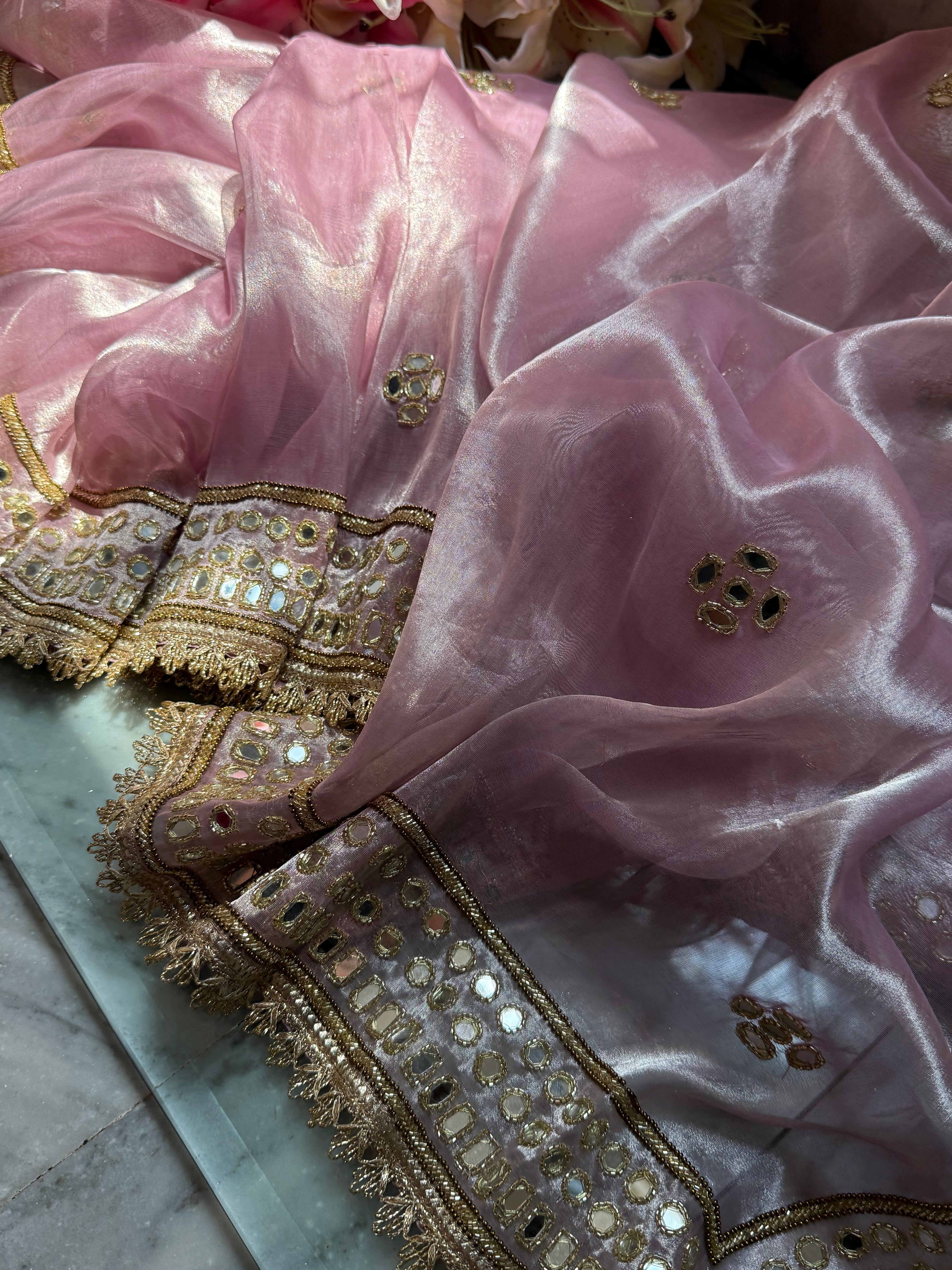 Engagement wali saree - Powder pink diamond tissue silk mirror work hand embroidered saree