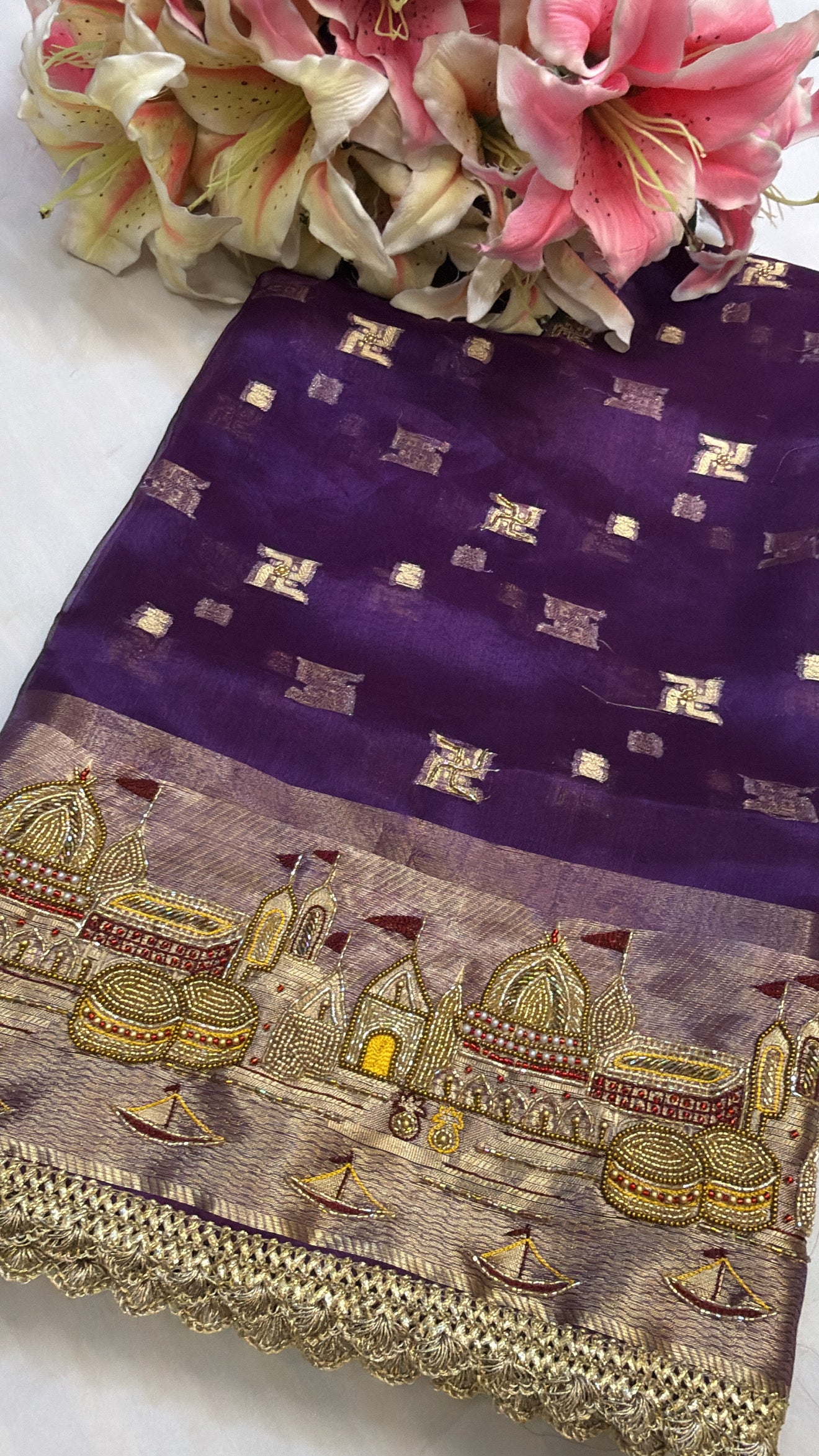 Gangaghat edit midnight purple hand embroidered tissue silk saree