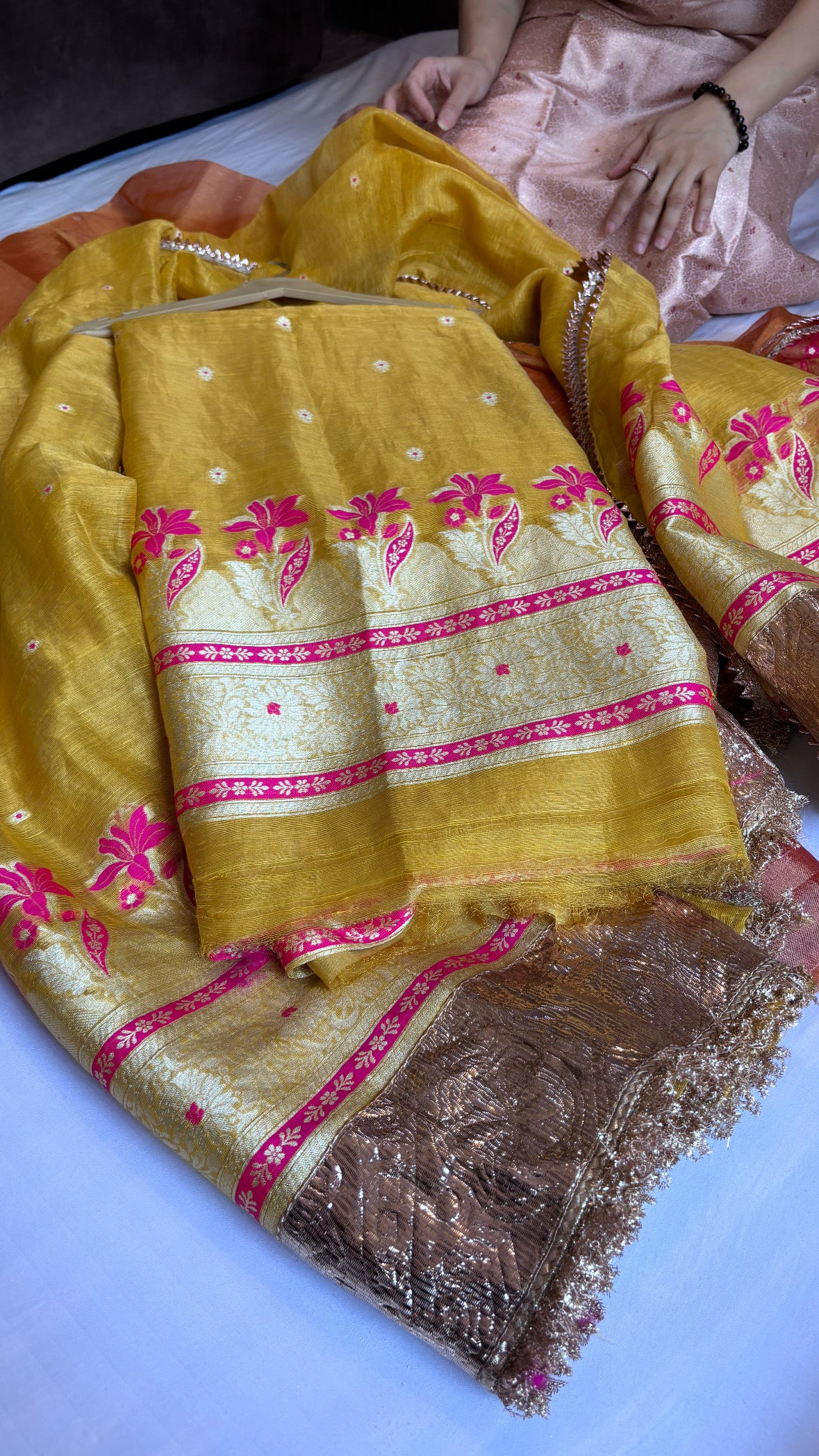 Haldi yellow linen tissue silk suit set