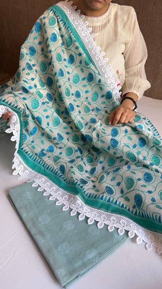 Sage green mul cotton banarasi resham meenakari kadhwa suit set