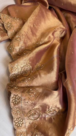 Husn blush pink tissue silk heavy zardozi hand embroidered saree
