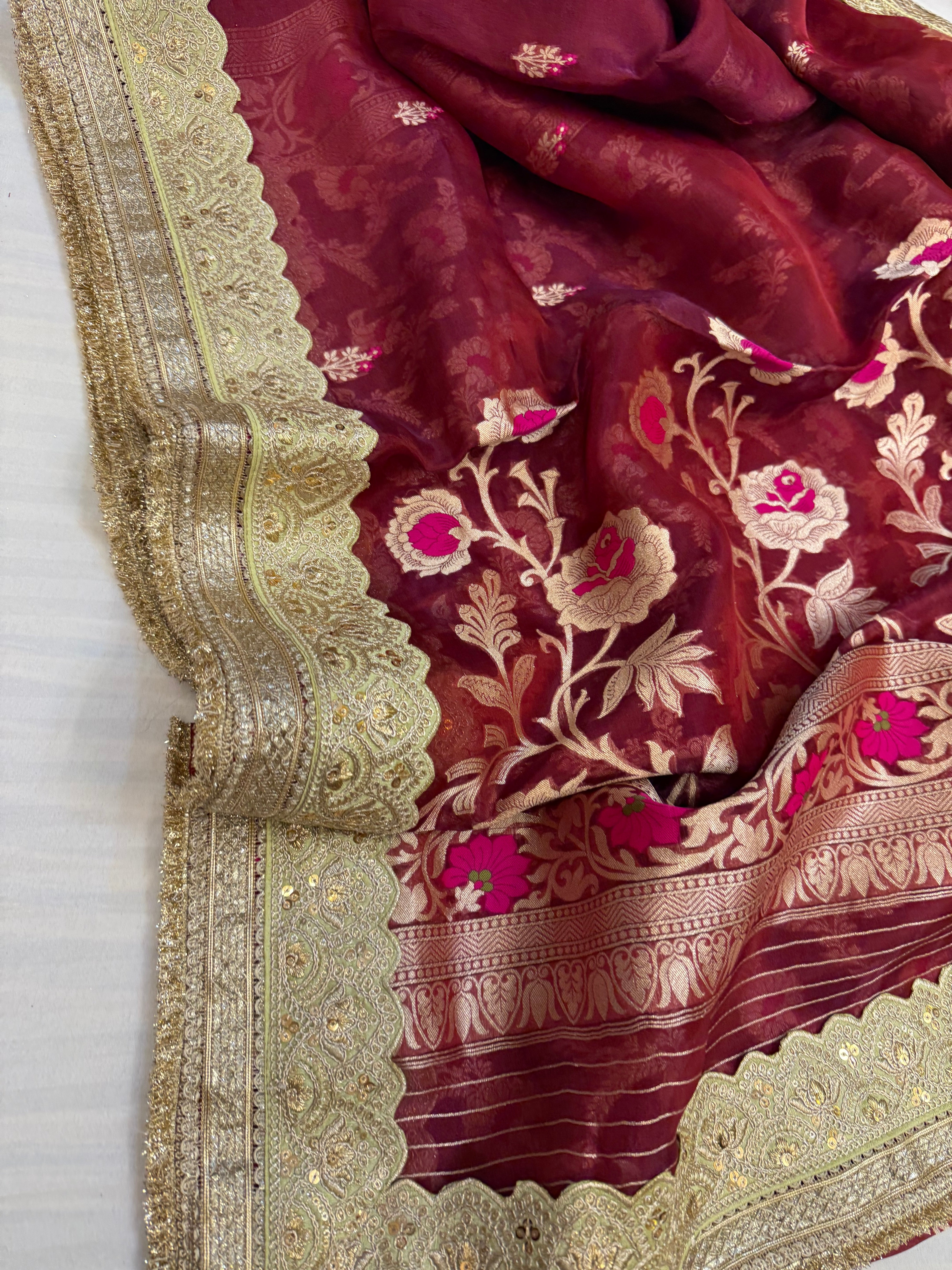 Cranberry pink maharani tissue silk meenakari saree