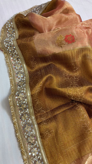 Maharani nude peach tissue silk kadhwa buti antique zari saree