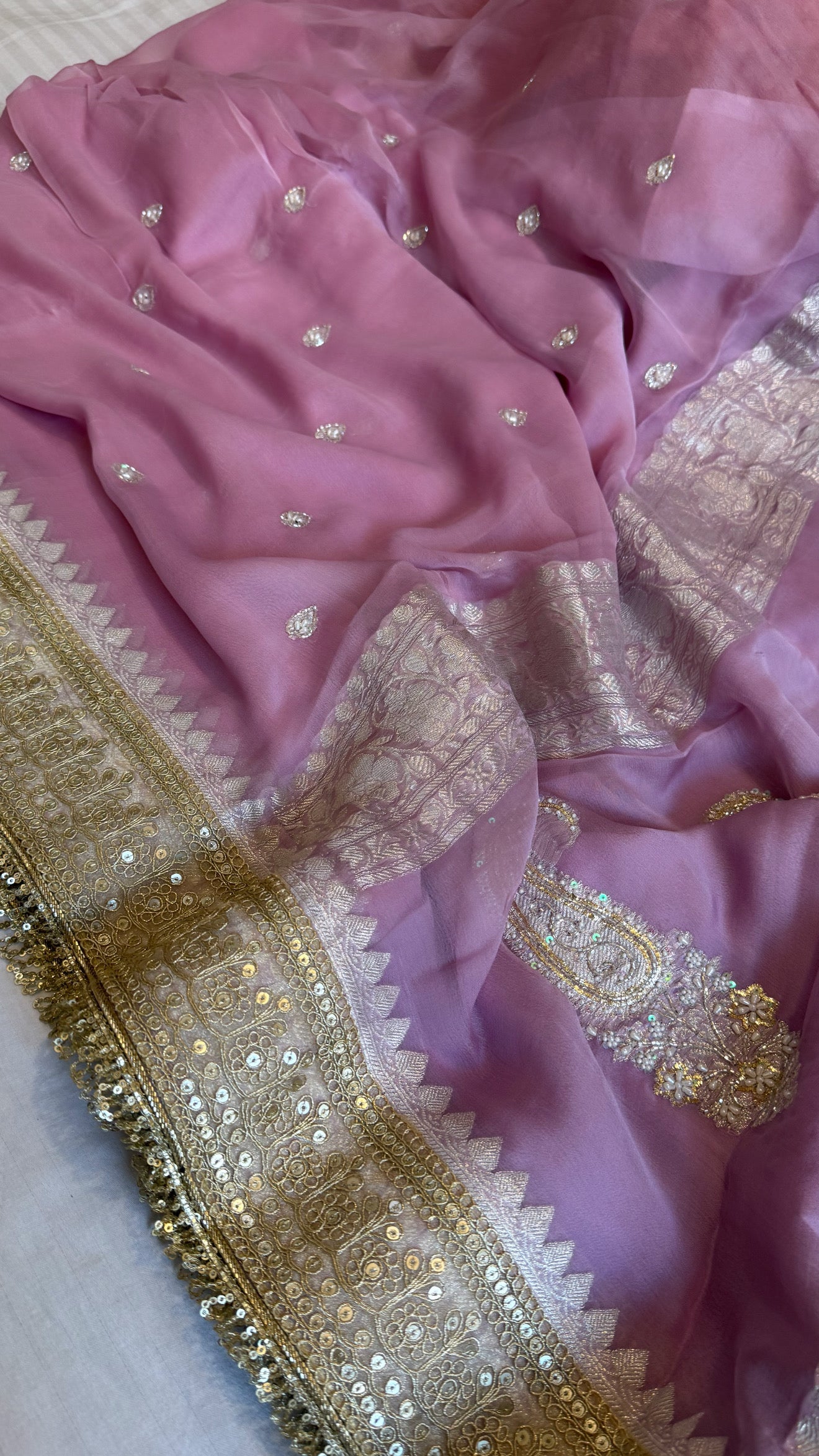 Paro banarasi chiffon gorgette hand embroidered kadhwa saree