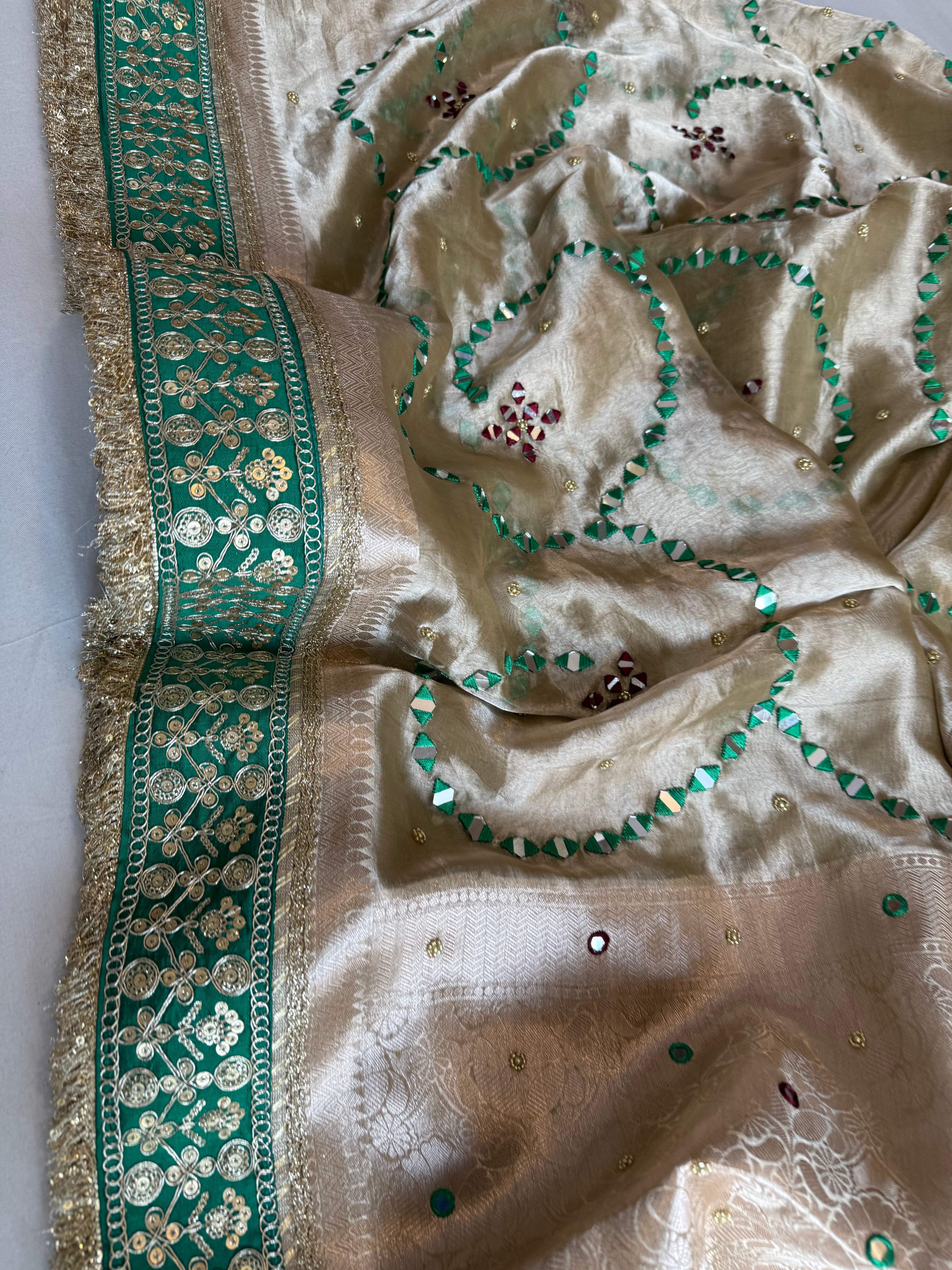 Sheesham edit - Heavy double tissue silk mirror work hand embroidered saree