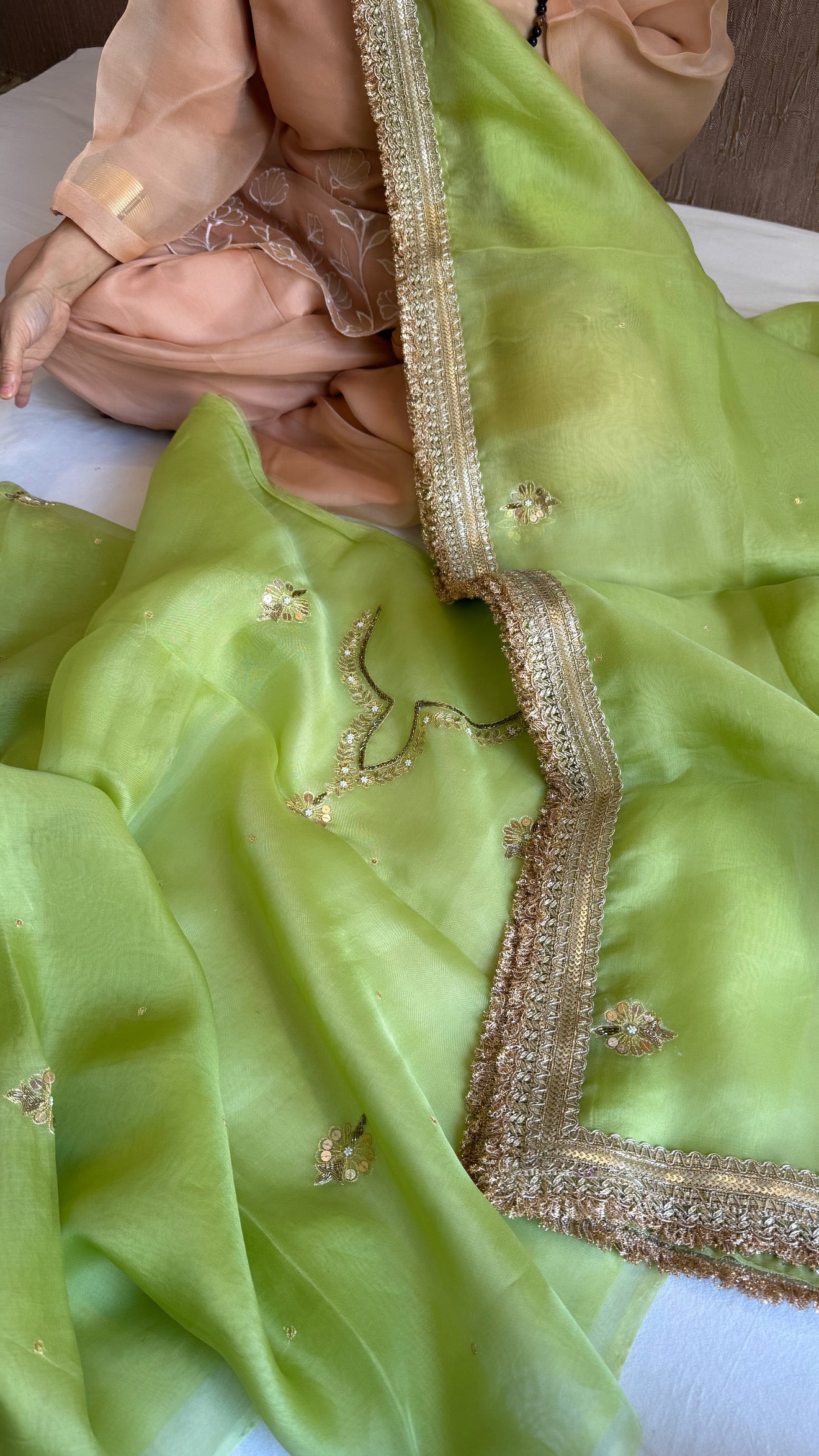 Aari and tilli kora silk hand embroidered grass green kadhwa suit set