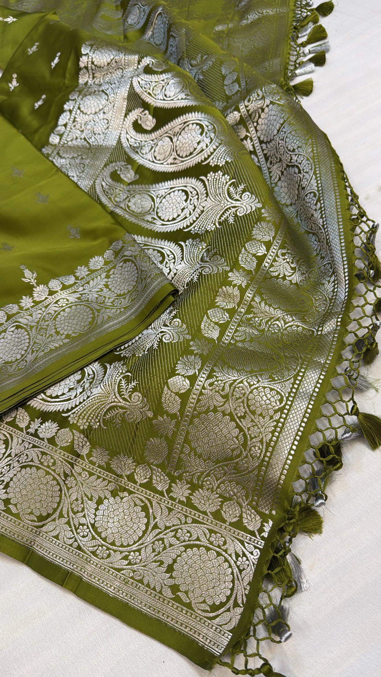 Mashru satin silk mehendi green shade banarasi saree