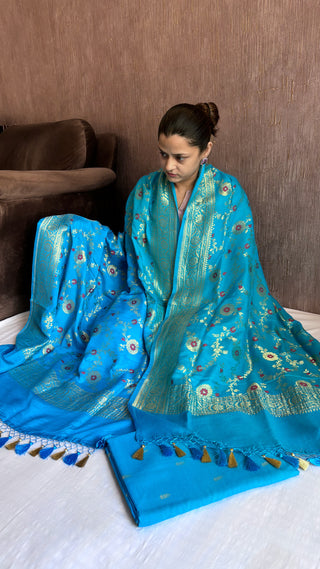 Firozi blue moonga silk meenedar kadhwa jaal suit set