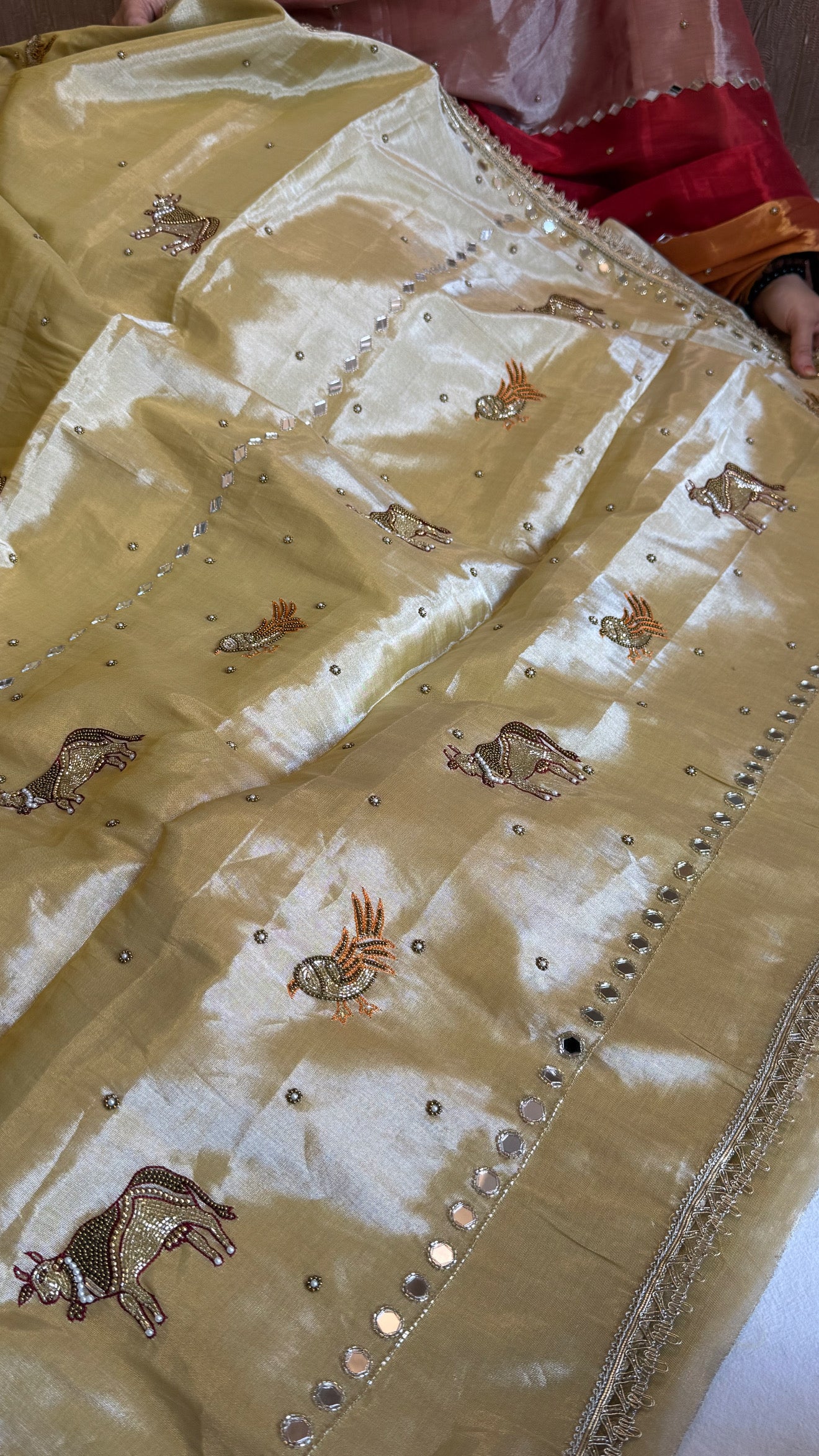 Satin tissue silk ivory gold hand embroidered kadhwa saree