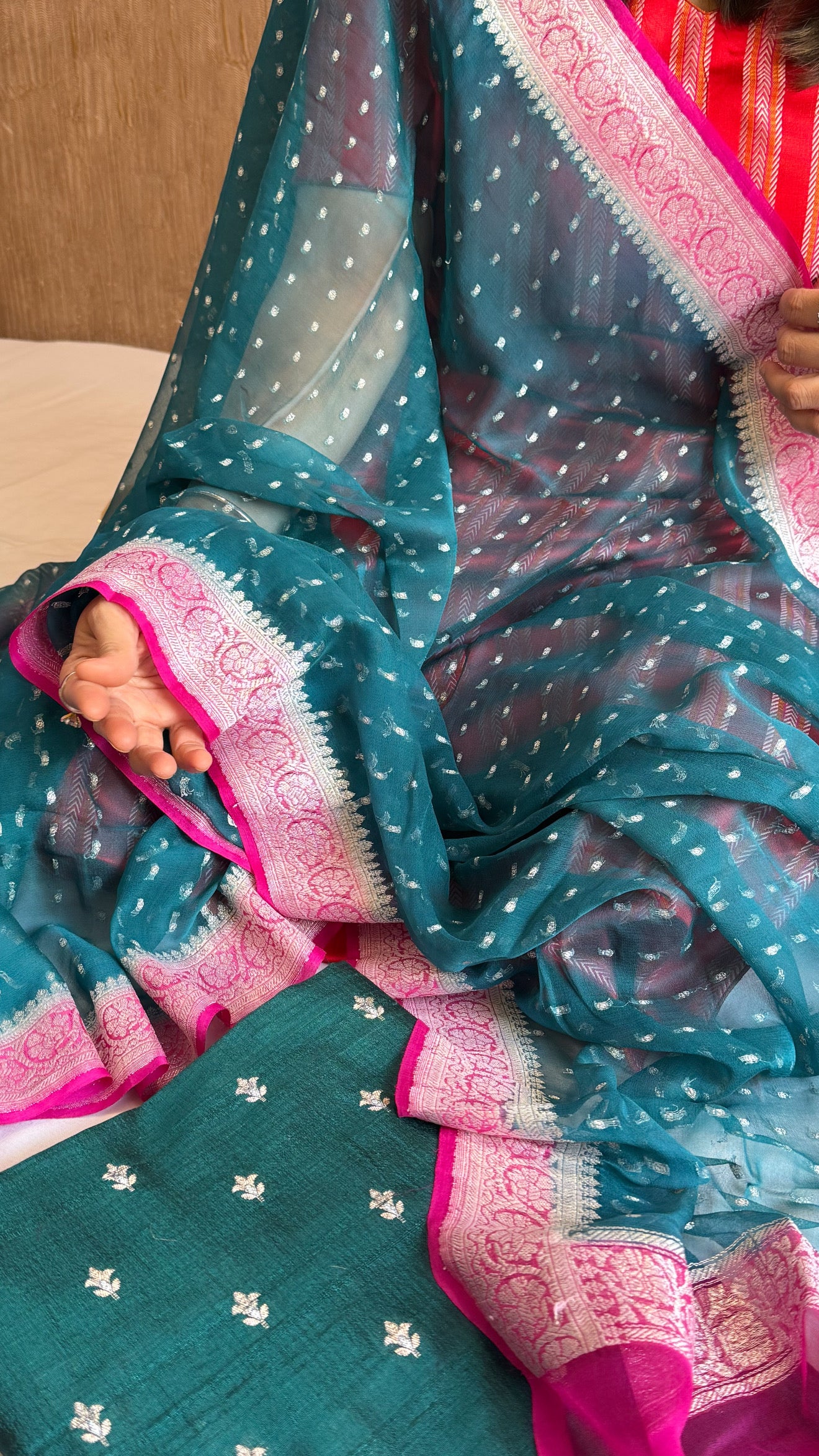 Emerald green-rani pink raw silk kadhwa buti kurta paired with chiffon gorgette chap dye duppata set