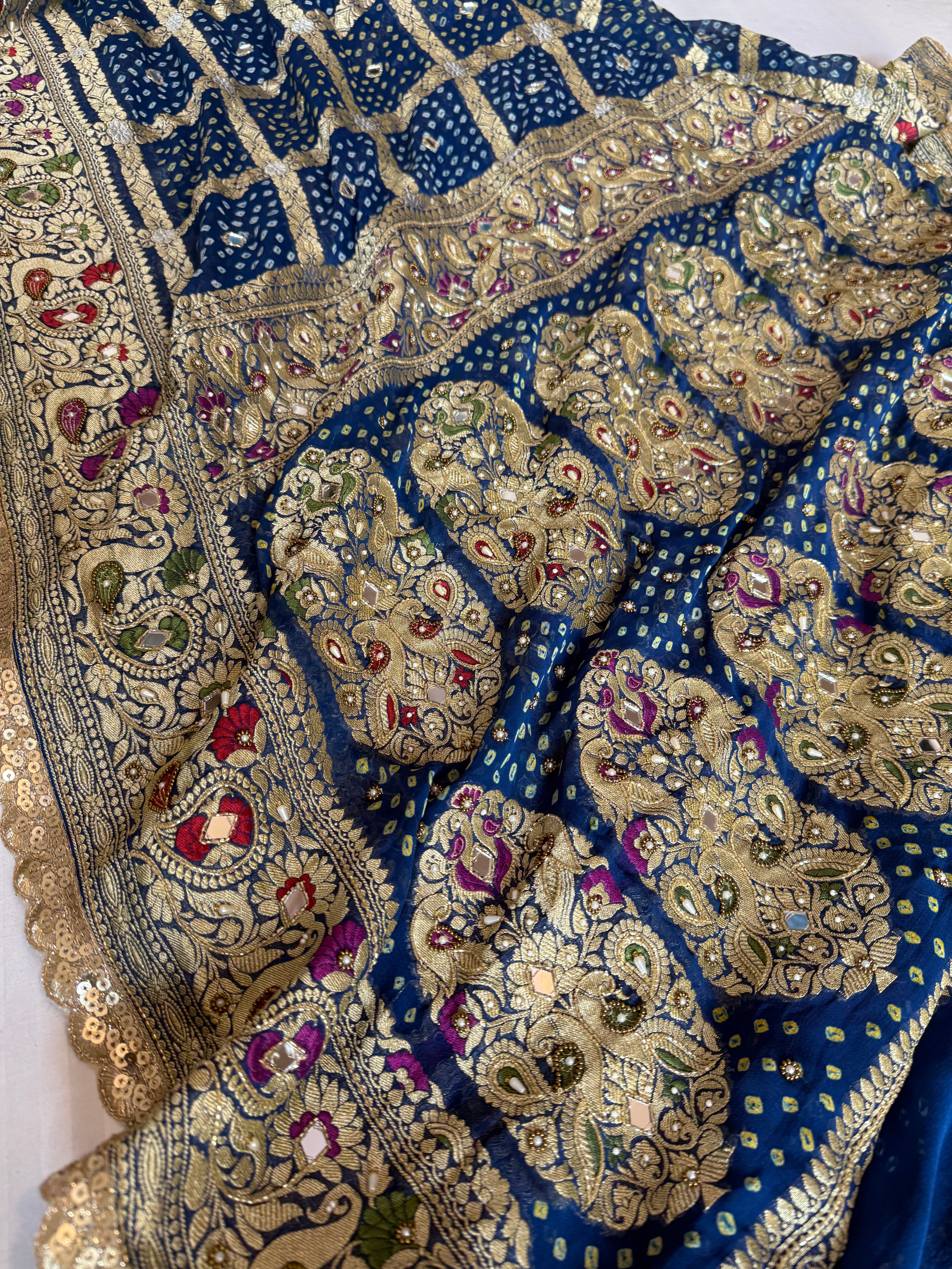 Navy blue banarasi rai chiffon gorgette kadhwa hand embroidered saree