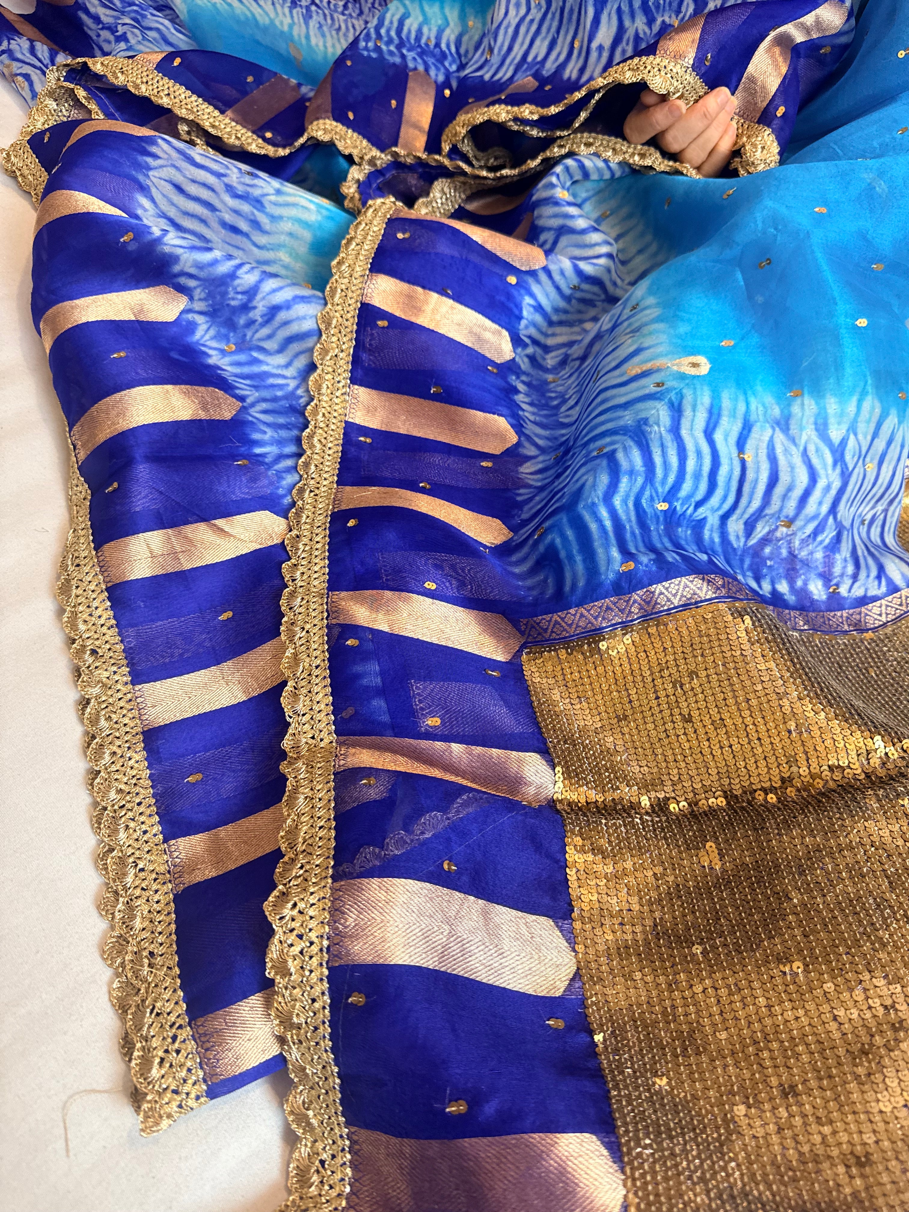 Shibori dye kora silk salma sitara work hand embroidered sequins saree