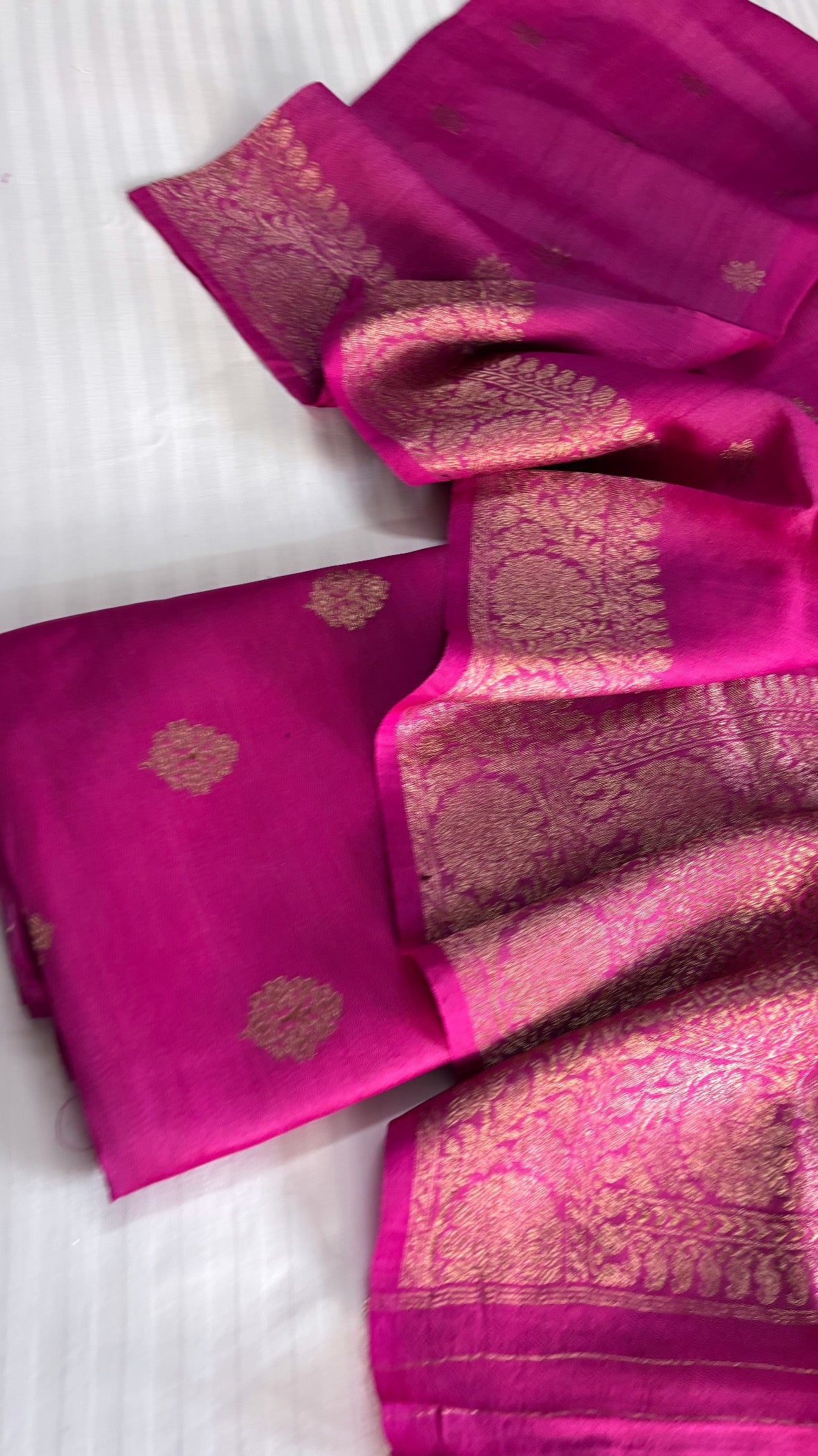 Banarasi tussar gorgette silk kadhwa hot pink suit set