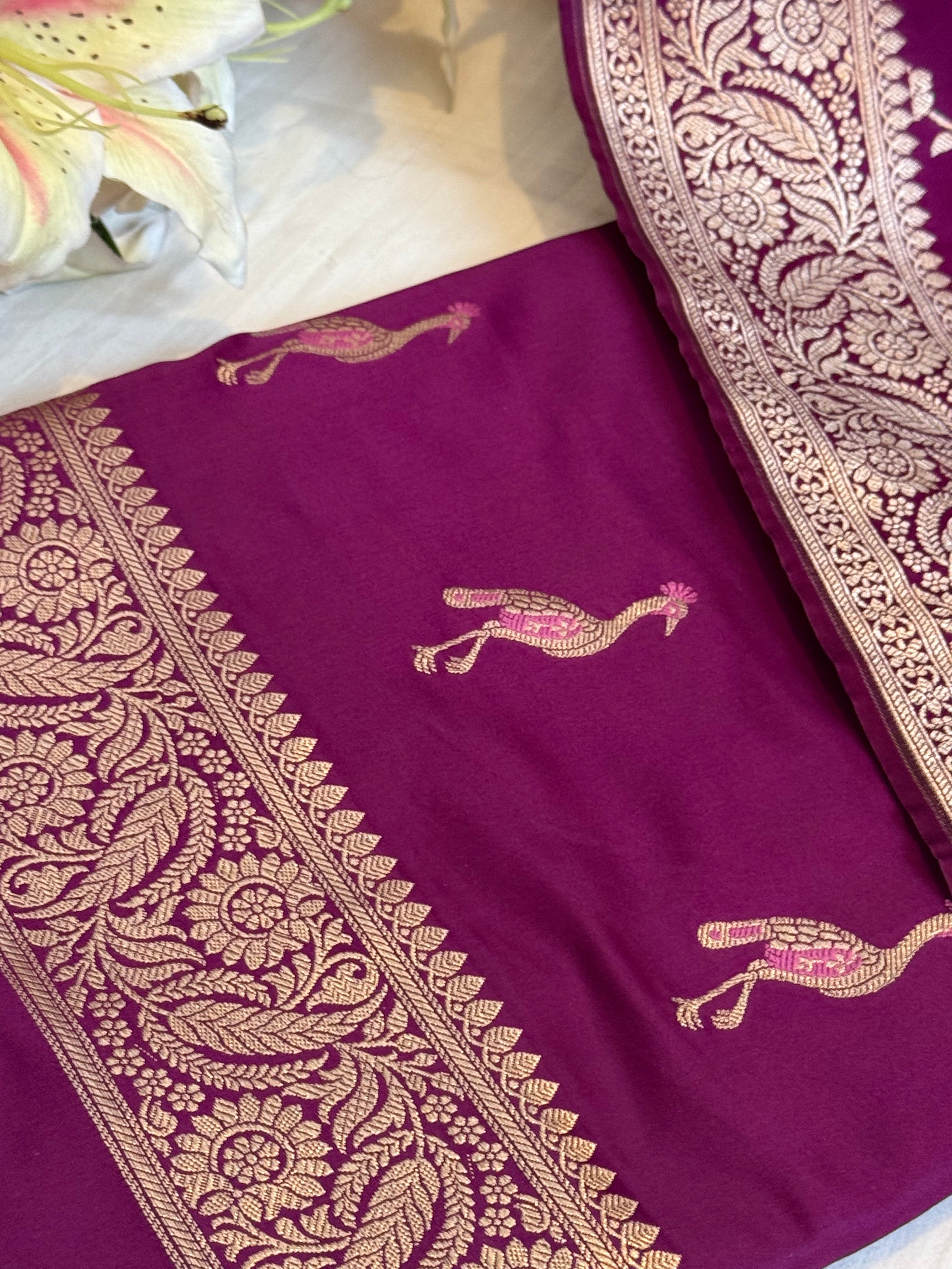 Deep purple mashru satin silk shikargah motif Banarasi silk suit set