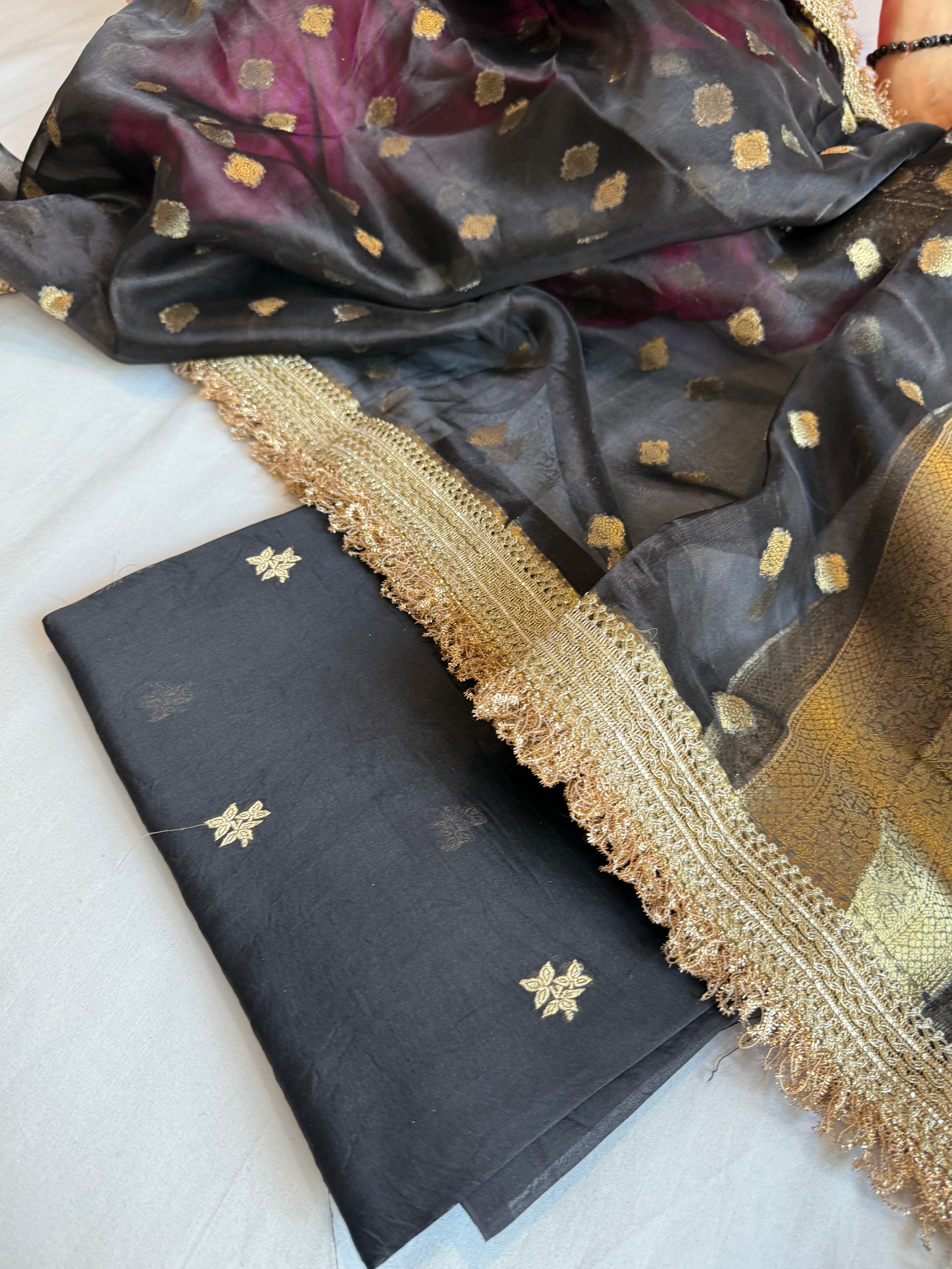 Black kora silk kadhwa gotapatti buti suit set