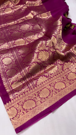 Pure banarasi magenta pink kora silk kadhwa saree with kadhwa handwoven buti