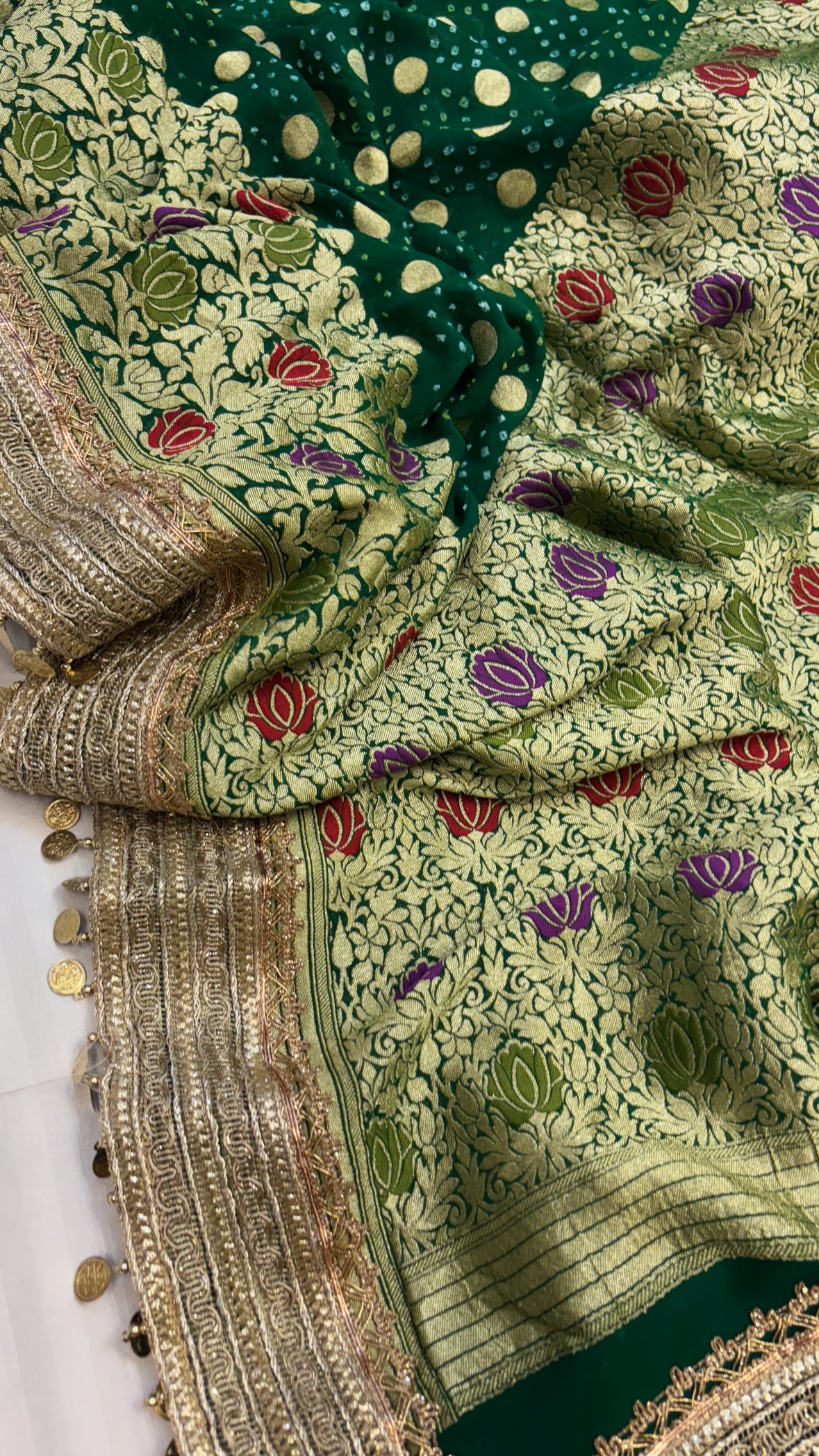 Heer mehendi green bandhej gorgette gotapatti kadhwa saree