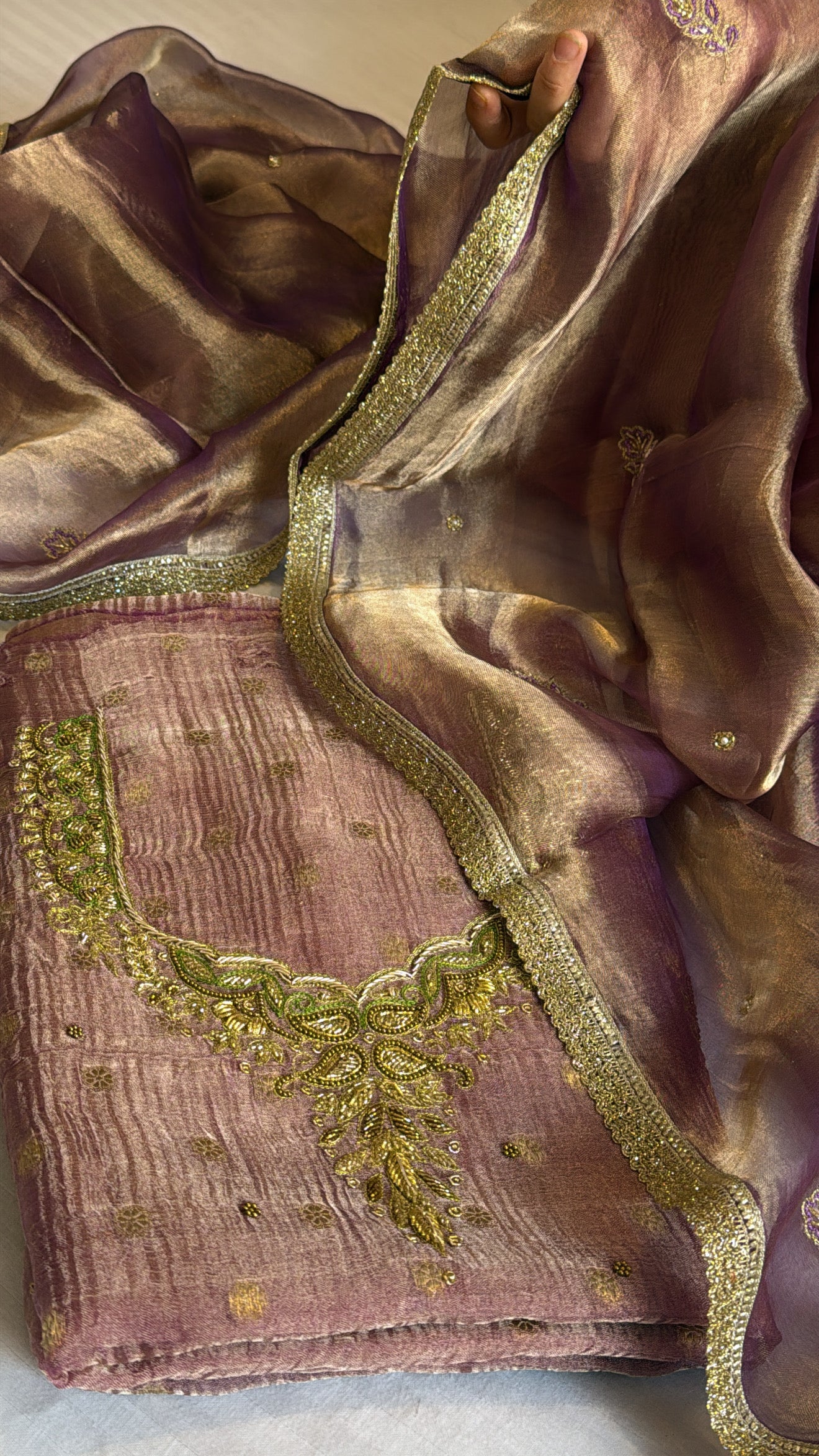 Soft lavender crushed tissue silk hand embroidered kadhwa suit set