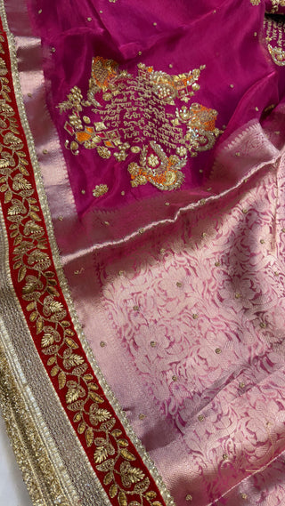 Cocktail edit sarees - Rani pink “gayatri mantra” tissue silk hand embroidered saree