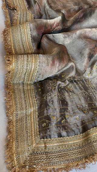 Printed tissue silk heavy hand embroidered kadhwa gotapatti sarees